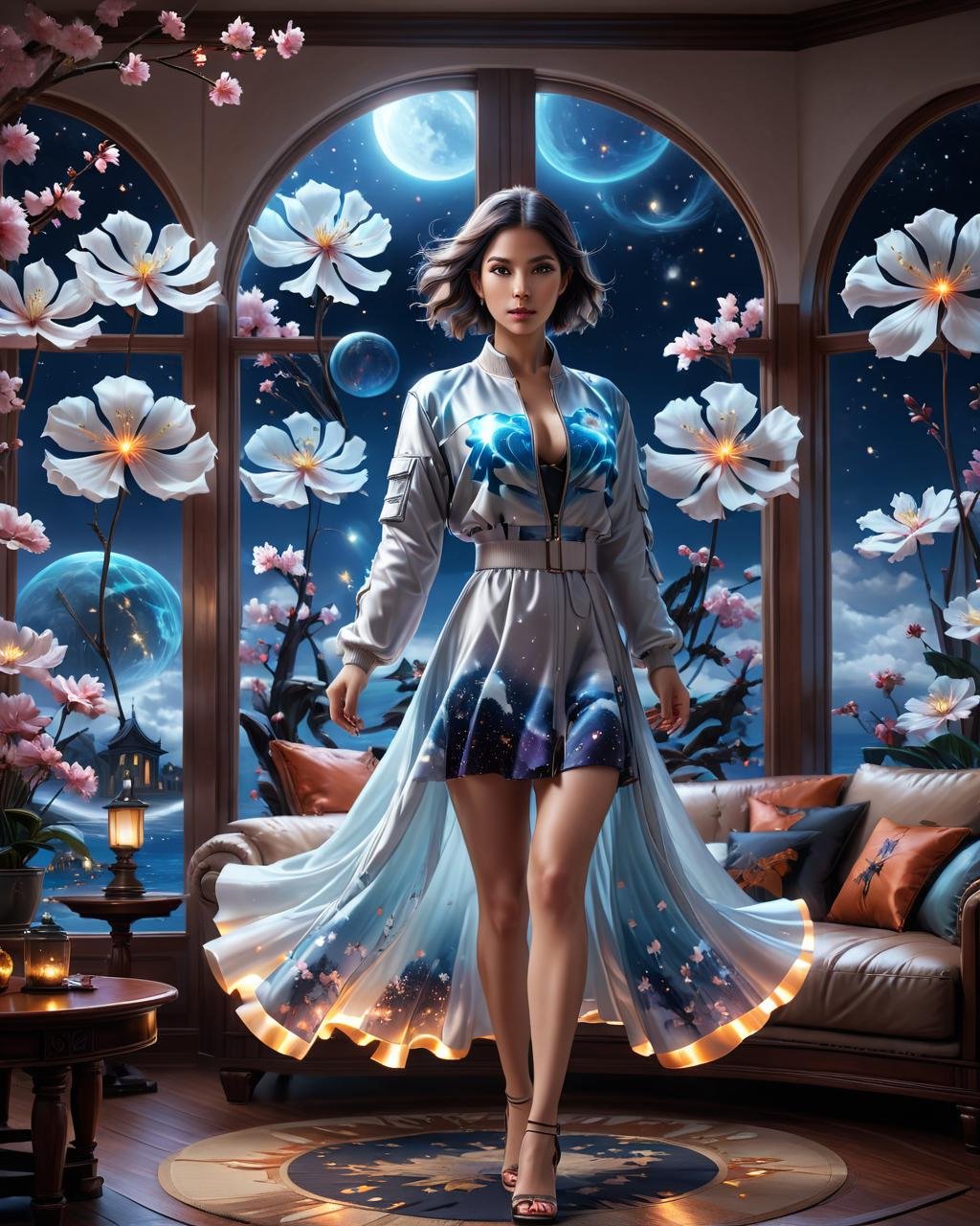 concept art <lora:FF-MJ-Week2-Hot:1> colorized photon, halloween wallpaper with ghosts, lady with glowing flowers dress, wearing a bomber jacket, flowing white dress, lit windows, a wide full shot, matte fantasy painting, flowing sakura silk, 8k hd wallpaper digital art, planet and stars, tropical island, unreal engine character art, luxurious wooden coffee table, fantasy character photo . digital artwork, illustrative, painterly, matte painting, highly detailed