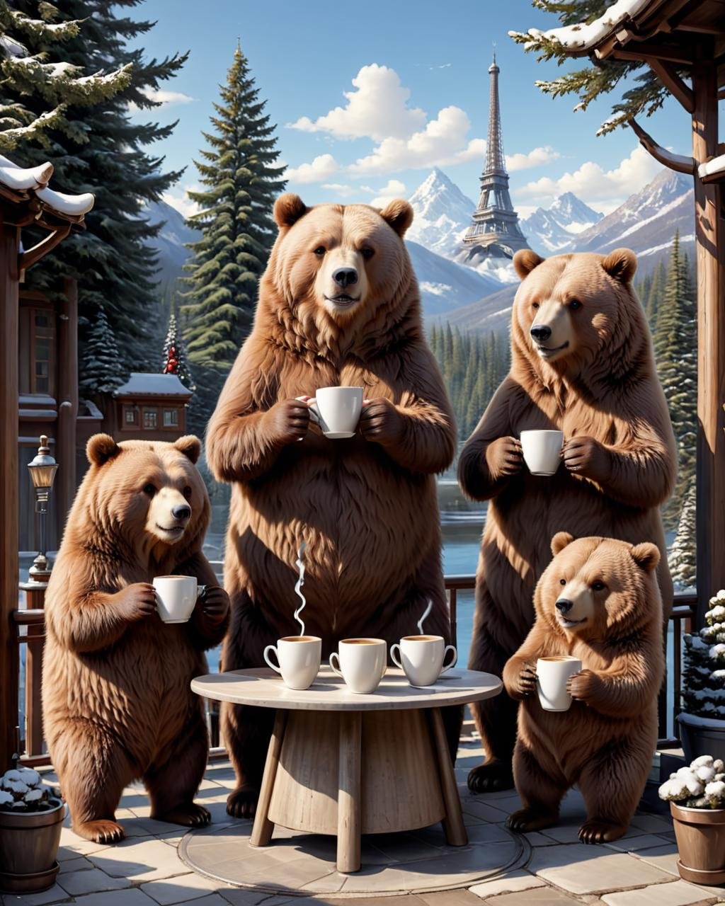 concept art <lora:FF-MJ-Week2-Hot:1> a set of cartoon bears drinking coffee, four humanoid bears, bears, funny illustration, cute illustration, by jeonseok lee, high quality character design, illustrations of animals, great character design, highly detailed illustration.”, by Jang Seung-eop, cartoon brew, cute detailed artwork, bear, by Yoshihiko Wada, drinking tea, by Yi Inmun . digital artwork, illustrative, painterly, matte painting, highly detailed