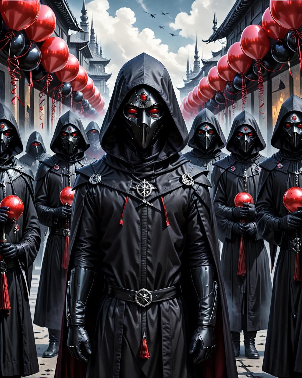 concept art <lora:FF-Week2-MJ-RIsing:1> a group of people in black hoods and red balloons, dan mumford tom bagshaw, black robes, symmetrical epic fantasy art, ww 1 sith sorcerer, adi granov, dark robes, cultists watching, orthodox cyberpunk, steel inquisitor from mistborn, by Kristian Kreković, wearing black sith robes, imperial march, jin - roh . digital artwork, illustrative, painterly, matte painting, highly detailed