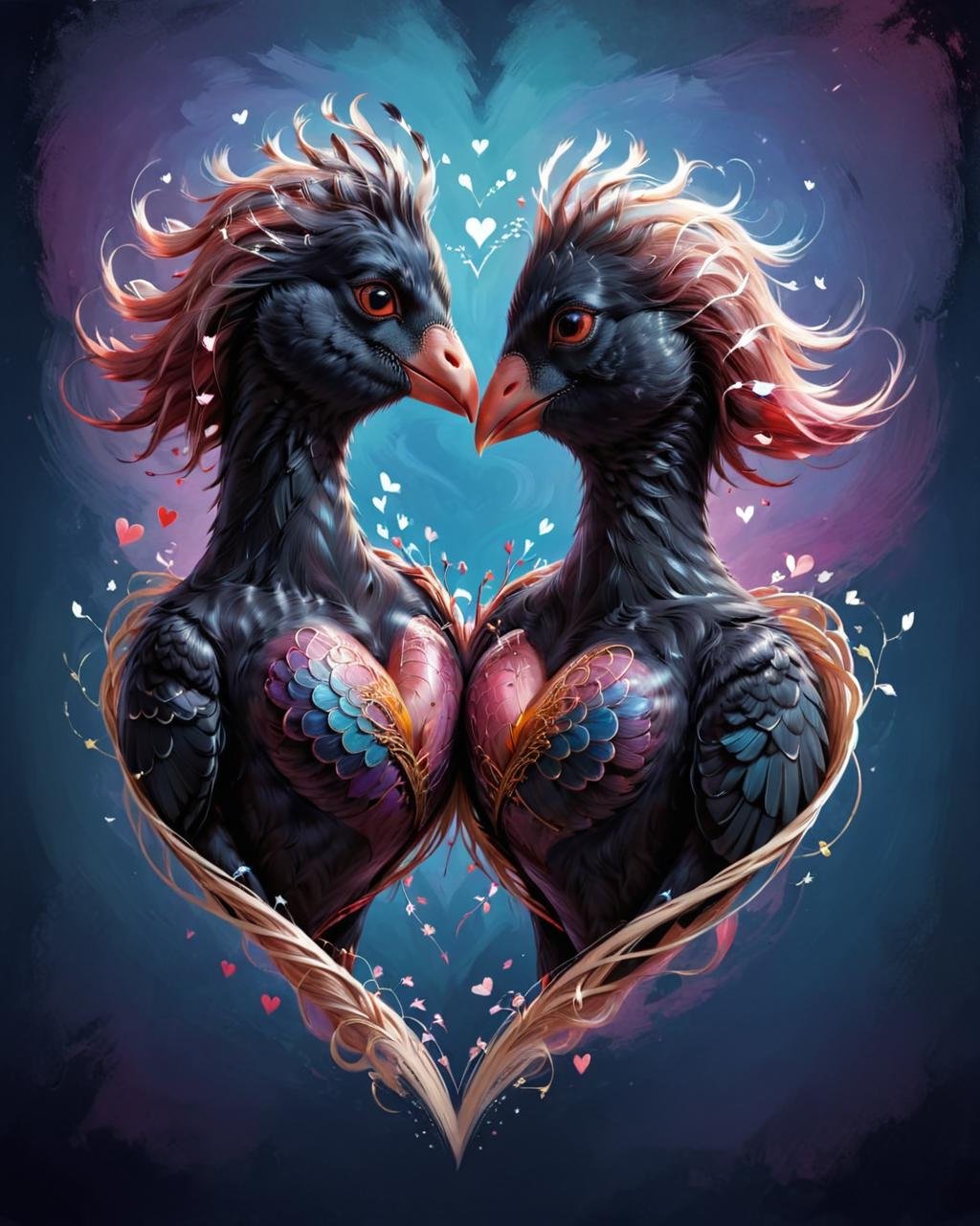 concept art <lora:FF-Week2-MJ-RIsing:1> two birds in a heart shape, birds, they are in love, very artistic, in love, amazing, kiss, hand drawn illustration, awesome, lovers, true love, man and woman in love, drawn, heart, a beautiful artwork illustration, by Martina Krupičková, forming a heart with their necks, hd illustration, intertwined full body view . digital artwork, illustrative, painterly, matte painting, highly detailed