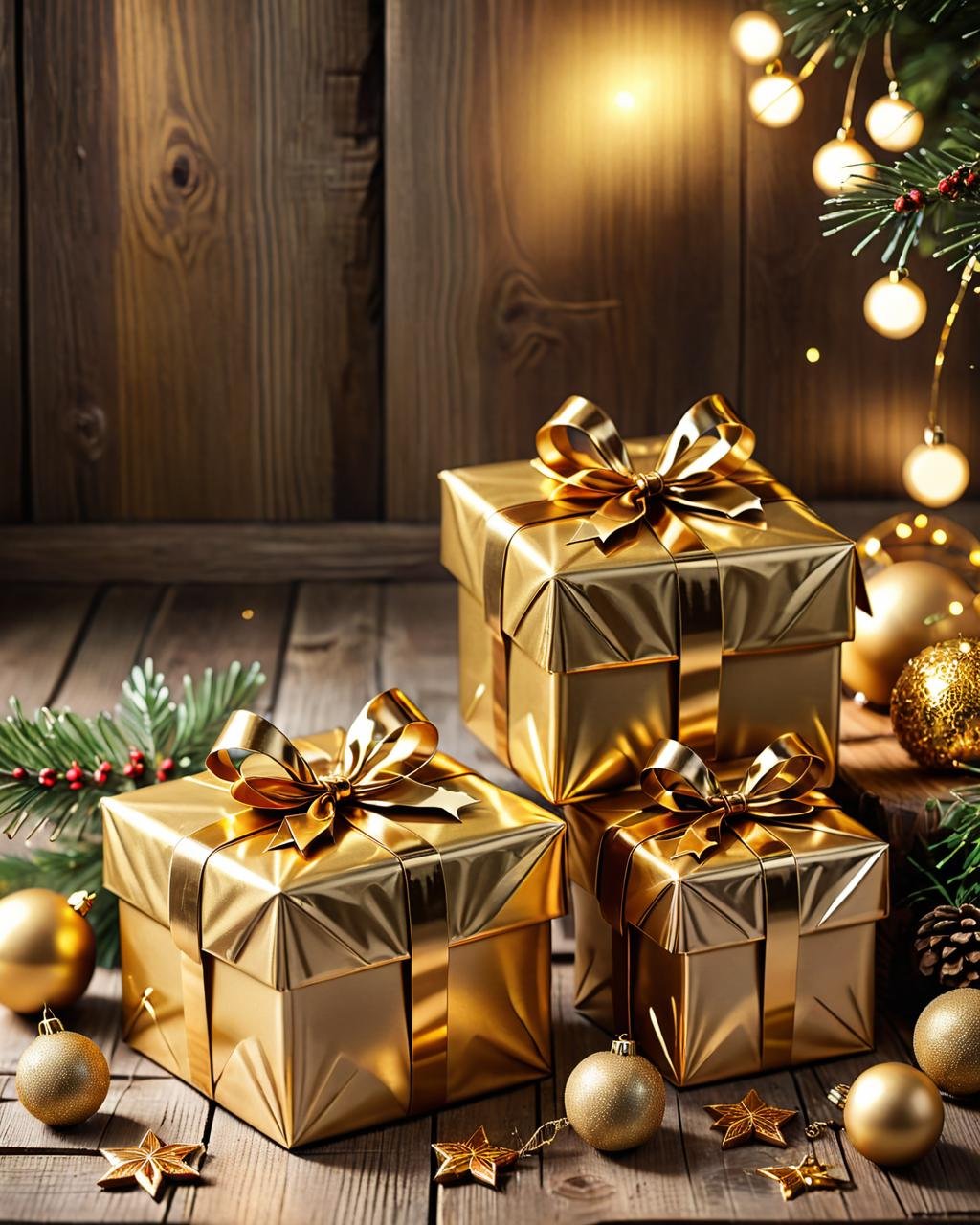 concept art <lora:FF-Week2-MJ-RIsing:1> two gold gift boxes on a wooden table, gifts, presents, shutterstock, gold decorations, holiday season, istock, golden ornaments, gold, holiday, giving gifts to people, so cute, festive atmosphere, cutest, gold sparks, glistening gold, by Kurt Roesch, very cute, golden glistening, 24k, gold ornaments, glittering . digital artwork, illustrative, painterly, matte painting, highly detailed