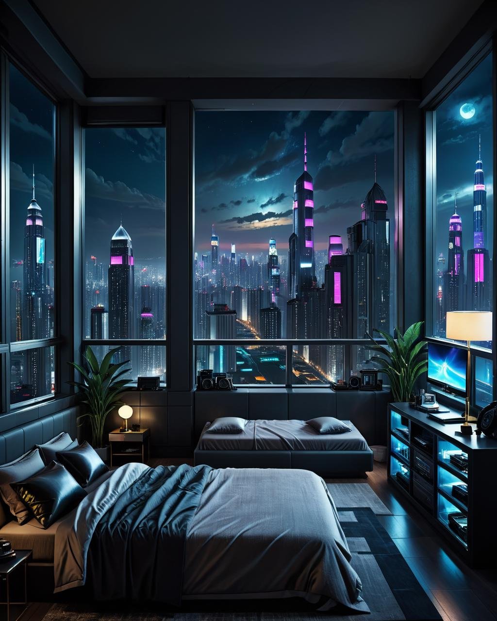 concept art <lora:FF-Week2-MJ-RIsing:1> a bedroom with a view of the city, cyberpunk bedroom at night, dark bedroom, night time render, fancy apartment, lit windows, realistic architecture, cyberpunk apartment, dimly lit bedroom, personal room background, dystopian city apartment, dream like atmosphere 8k, city apartment, overlooking a modern city, modern nocturnal background, luxurious environment, cozy place . digital artwork, illustrative, painterly, matte painting, highly detailed