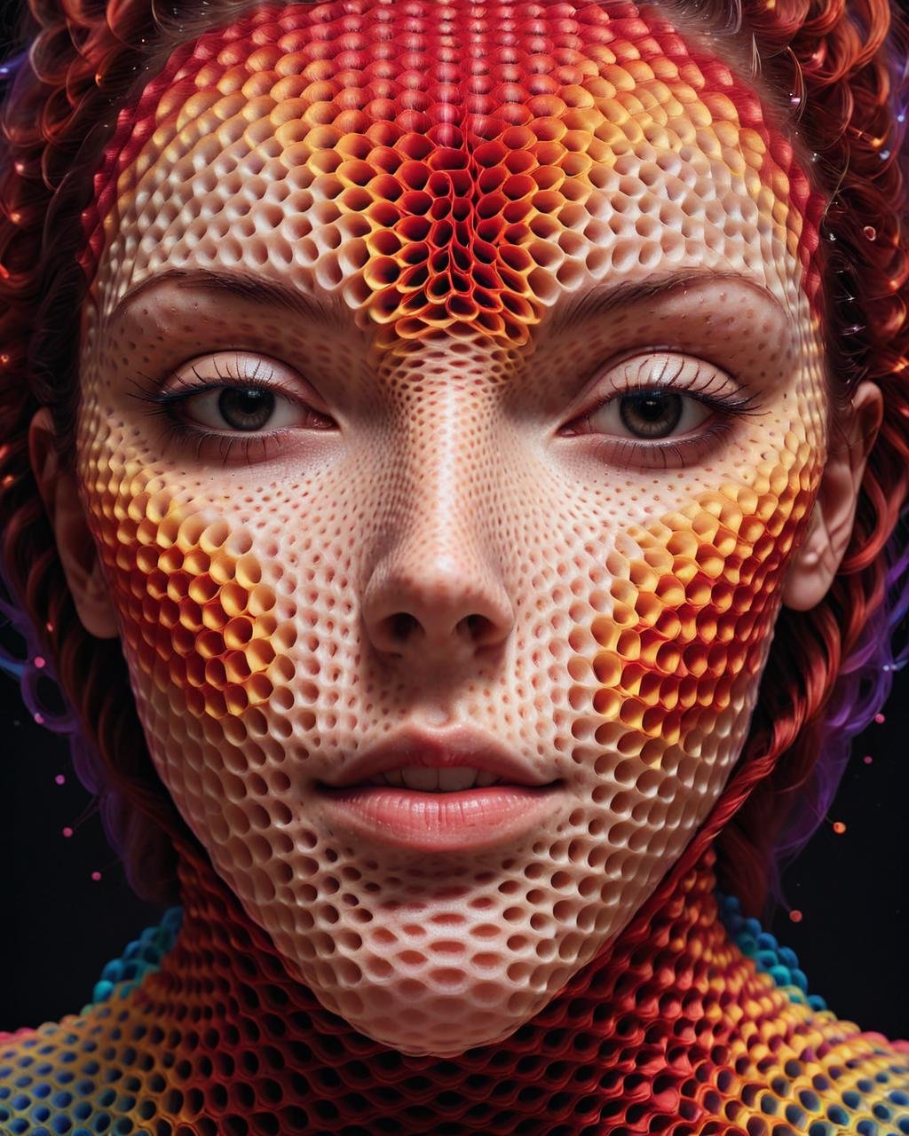 concept art <lora:FF-Week2-MJ-RIsing:1> a woman's face is made of colorful circles, red mesh in the facede, digital sculpture, trypophobia, realism | beeple, detailed digital 3d art, trypophobia acne face, synthetic bio skin, inspired by Mike Winkelmann, detailed face of a woman, detailed face), cinema 4d :9 detailed face: 8 . digital artwork, illustrative, painterly, matte painting, highly detailed