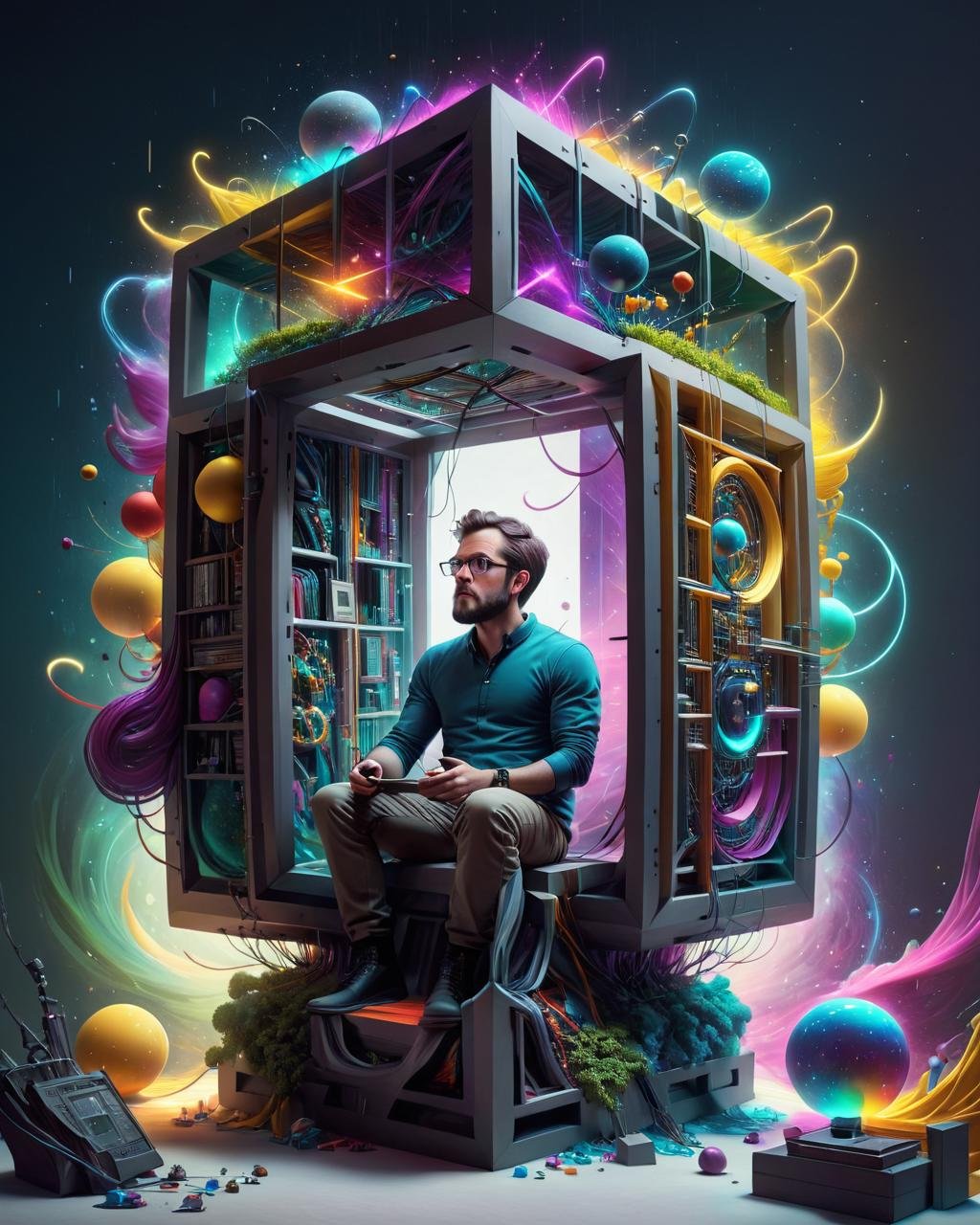 concept art <lora:FFusion_WEEK_2_-_TOP_100:1> a man sitting in a cube with a lot of colorful objects, surreal 3 d render, surreal digital art, 3d grainy aesthetic illustration, epic digital art illustration, mind-bending digital art, open portal to another dimension, science fantasy painting, sci-fi digital art illustration, inspired by Mike ""Beeple"" Winkelmann, beeple art" . digital artwork, illustrative, painterly, matte painting, highly detailed . digital artwork, illustrative, painterly, matte painting, highly detailed