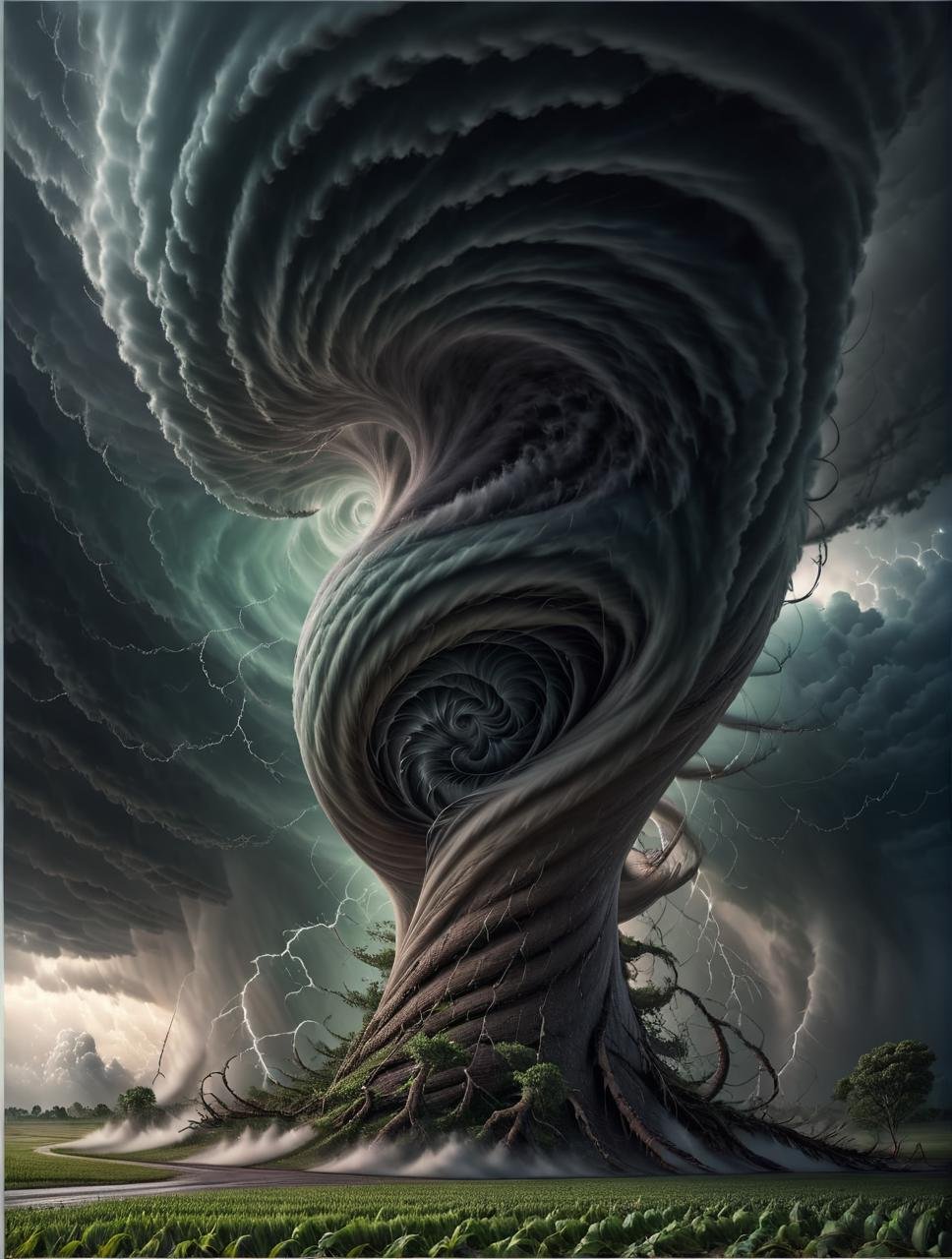 Hyperrealistic art (Ultrarealistic:1.3) <lora:FFusion_WEEK_2_-_TOP_100:1> a stormy sky with a large cloud in the background, thick swirling tornado, 4k highly detailed digital art, beautiful tornado, marc adamus, tornado twister, tornado, surrealism 8k, 4 k surrealism, dramatic swirling clouds, apocalypse hurricane storm, detailed swirling water tornado, 4k detailed digital art, eye of the storm, a massive tornado approaching,(Provia:1.3) . Extremely high-resolution details, photographic, realism pushed to extreme, fine texture, incredibly lifelike