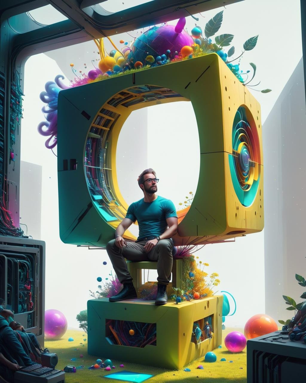 concept art <lora:FFusion_WEEK_2_-_TOP_100:1> a man sitting in a cube with a lot of colorful objects, surreal 3 d render, surreal digital art, 3d grainy aesthetic illustration, epic digital art illustration, mind-bending digital art, open portal to another dimension, science fantasy painting, sci-fi digital art illustration, inspired by Mike ""Beeple"" Winkelmann, beeple art" . digital artwork, illustrative, painterly, matte painting, highly detailed