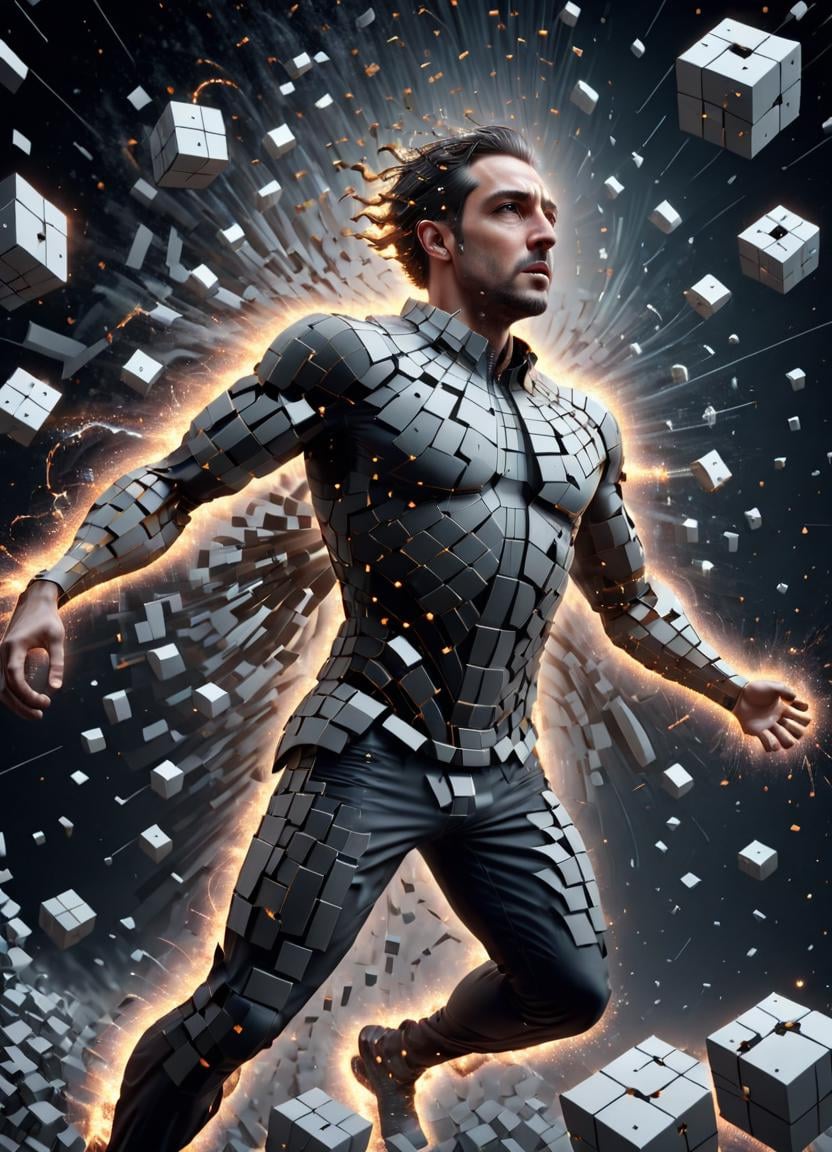 concept art concept art (Ultrarealistic:1.3) <lora:FFusion_WEEK_2_-_TOP_100:1> a man in a 3d animation with cubes flying around him, human body breaking away, explosion of data fragments, particles disintegration, crystallized human silhouette, intricate artwork. octane render, mind-bending digital art, intricate transhuman, digital art render, disintegrating, amazing octane render, digital art 4k unsettling, inspired by Igor Morski, (Infrared:1.3) . digital artwork, illustrative, painterly, matte painting, highly detailed . digital artwork, illustrative, painterly, matte painting, highly detailed