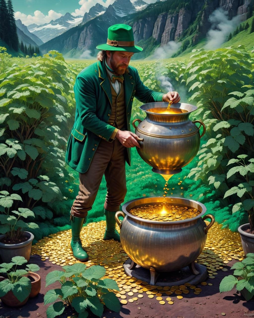 concept art (Ultrarealistic:1.3) <lora:FFusion_WEEK_2_-_TOP_100:1> a man in a green hat is preparing a pot of gold, pots of gold, with many gold coins, gold and green, green gold, michael sowa, treasures of gold, emerald gold and beksinski, prize winning color photo, high resolution film still, joe webb, by Robert Jacobsen, green and gold, john schoenherr,(Infrared:1.3) . digital artwork, illustrative, painterly, matte painting, highly detailed