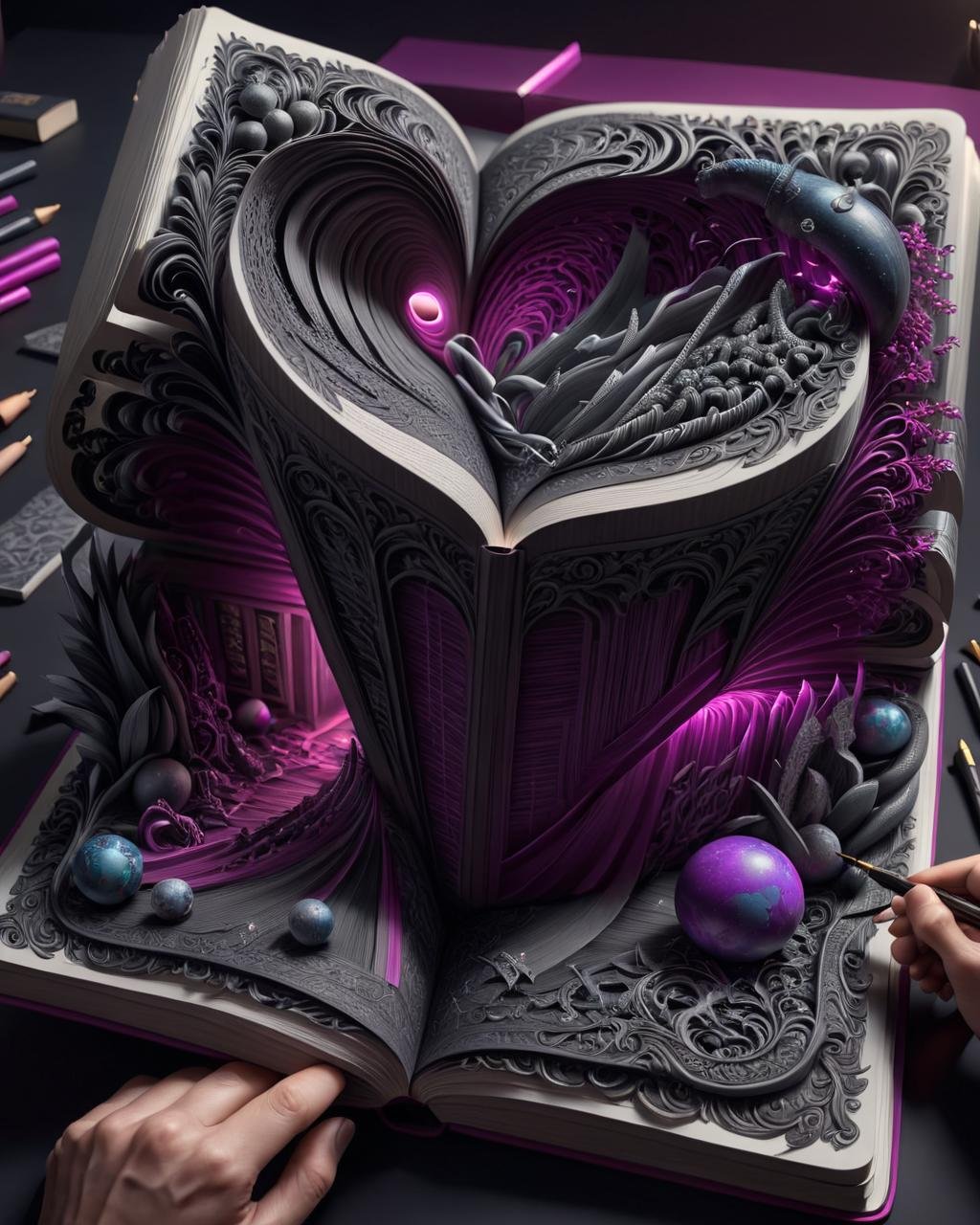 concept art (Ultrarealistic:1.3) <lora:FFusion_WEEK_2_-_TOP_100:1> a person is drawing a book with a lot of drawings, highly detailed dark art, intricate 3 d illustration, 4k. detailed drawing, extremely detailed art, highly detailed drawing, insanely highly detailed artwork, insanely detailed art, high detailed art, detailed 4 k drawing, stunningly detailed artwork, incredibly detailed art, intricate realistic fantasy, very intricate photorealistic, 3 d epic illustrations,(Magenta hue:1.3) . digital artwork, illustrative, painterly, matte painting, highly detailed