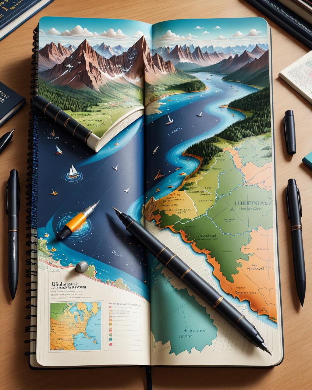 concept art (Ultrarealistic:1.3) <lora:FFusion_WEEK_2_-_TOP_100:1> a notebook with a map and pens on it, map cartography, cartography, cartography map art, by Jakob Gauermann, by Tom Wänerstrand, colored illustration, very detailed illustration, on a notebook page, hyperdetailed illustration, highly detailed illustration, by Andrée Ruellan, high detailed illustration, highly detailed illustration.”, detailed book illustration,(Kinemacolor:1.3) . digital artwork, illustrative, painterly, matte painting, highly detailed