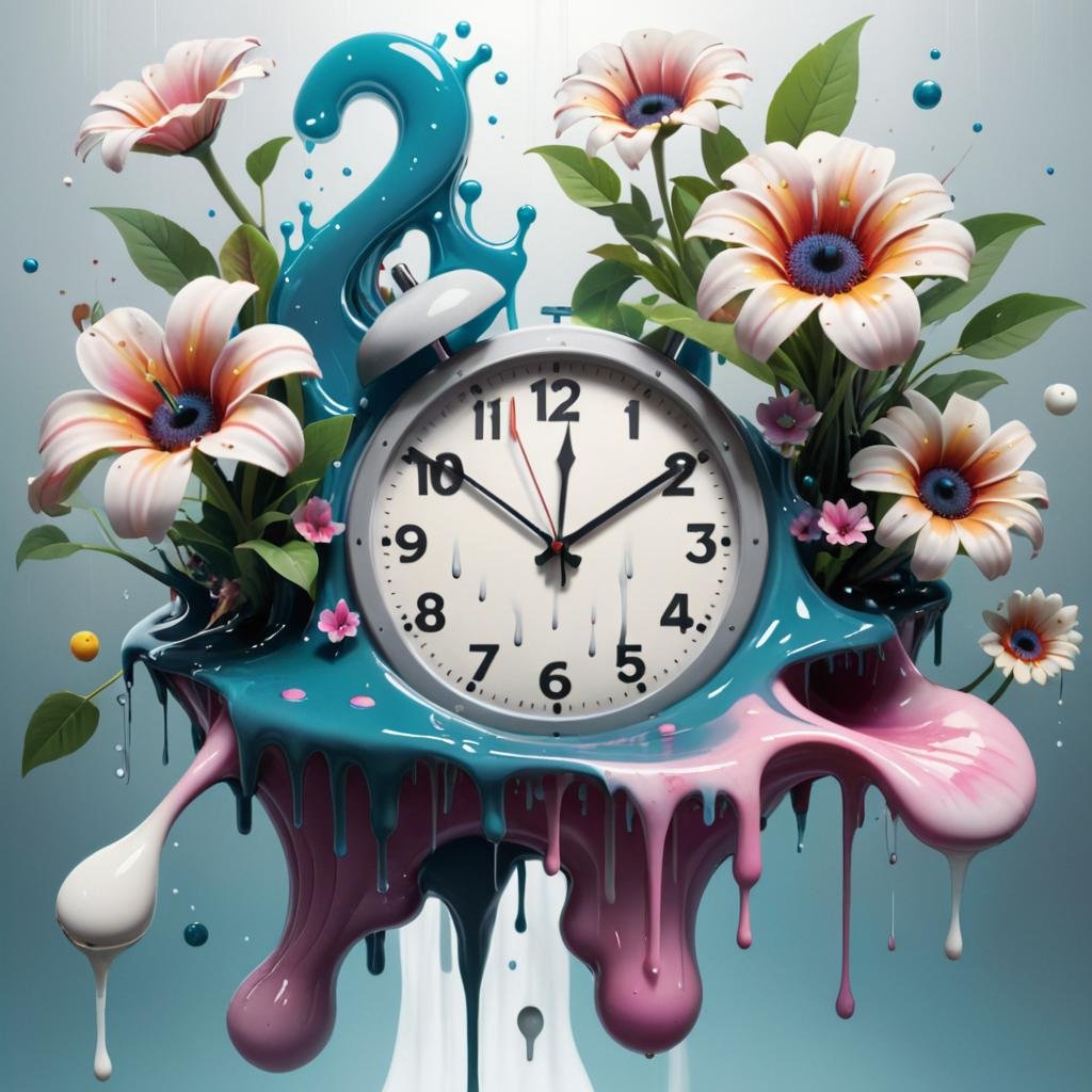 <lora:DalE-3-FFusion-LoRA:1>"Advertising type modern surreal composition featuring unconventional elements like floating clocks, melting objects, and oversized flora. The design i__ffusion23.jpg","a clock, clocks, and other objects are arranged in a colorful arrangement, beautiful 3 d concept art, spray paint texture, camera bloom, impossibly detailed, cream, very geometrical, high angle shot, cartoon concept art, oozing, lots of elements, specular"[Y]