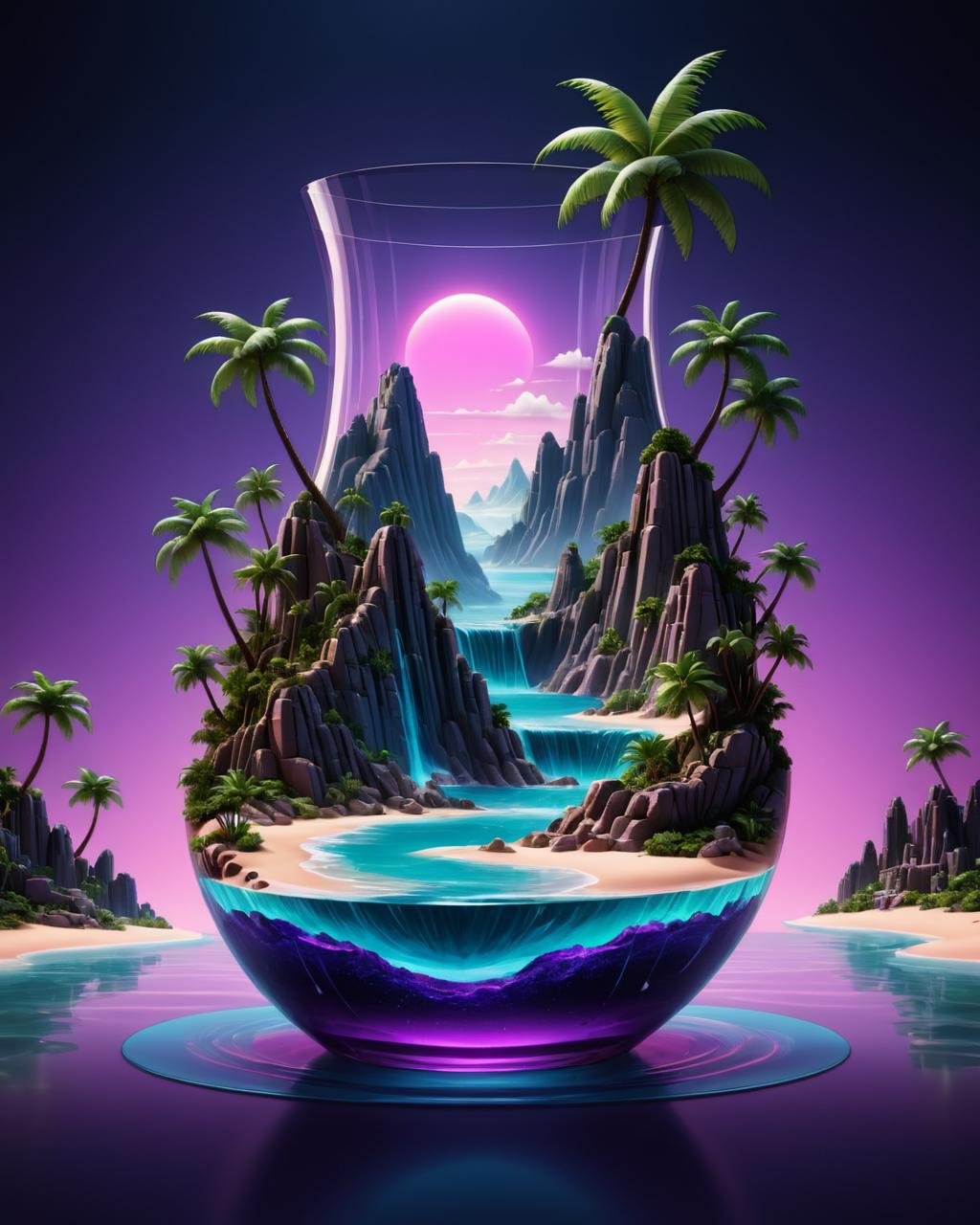 neonpunk style (Professional 3D rendering:1.3) of (Sketch:1.3) <lora:Glass_Islands:1> a glass vase with a tropical island in it, surreal 3 d render, surreal water art, 3d render digital art, water art manipulation, full of glass. cgsociety, very detailed paradise, 4k highly detailed digital art, 3 d artistic render, oasis in the desert, surreal concept art, 3 d render beeple, rendered illustration,CGSociety,ArtStation . cyberpunk, vaporwave, neon, vibes, vibrant, stunningly beautiful, crisp, detailed, sleek, ultramodern, magenta highlights, dark purple shadows, high contrast, cinematic, ultra detailed, intricate, professional