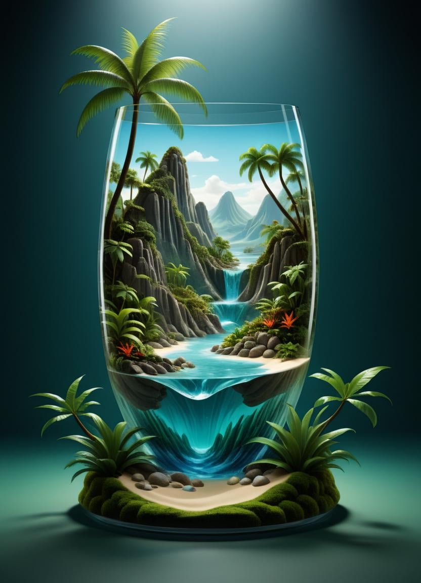 Surrealist art <lora:Glass_Islands:1> a glass vase with a tropical scene inside, water flows inside the terrarium, full of glass. cgsociety, 3d landscape, 3 d landscape, 3d render digital art, 3 d render stylized, lush oasis, beautiful 3 d concept art, detailed digital 3d art, water art manipulation, rolands zilvinskis 3d render art . Dreamlike, mysterious, provocative, symbolic, intricate, detailed