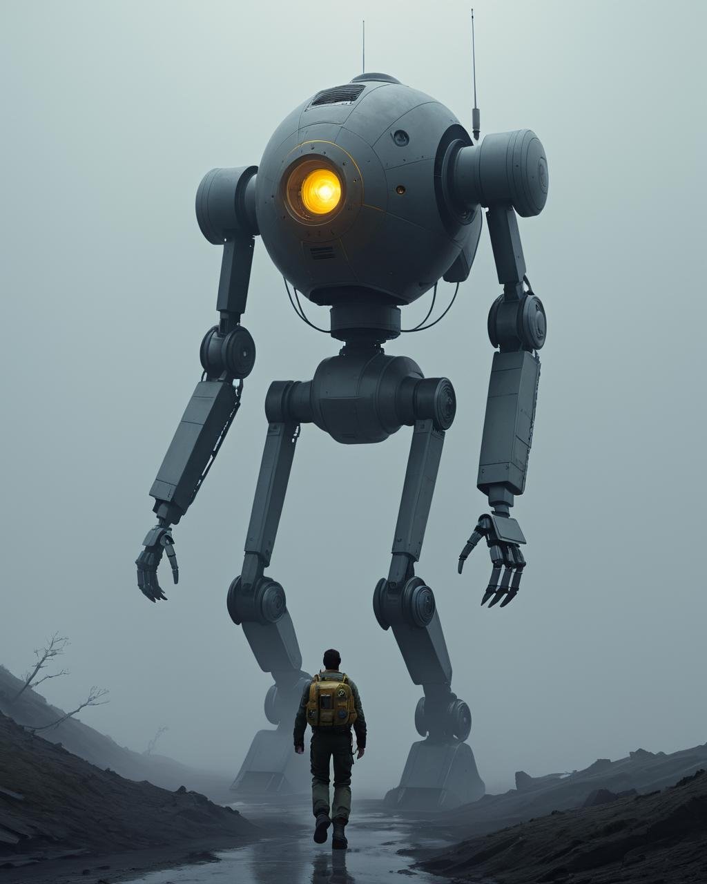 concept art <lora:FF-Style-MidJ-NEW-Week3:1> a large robot is walking through the fog, wojtek fus, dramatic sci-fi movie still, by Ludwik Konarzewski Jr, rozalski, by Artur Tarnowski, by Adam Marczyński, concept art for movies, by Ludwik Konarzewski, war of the worlds, sci - fi illustrations . digital artwork, illustrative, painterly, matte painting, highly detailed