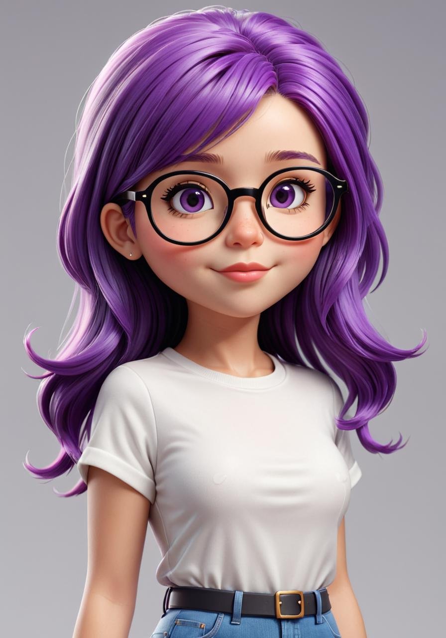 Hyperrealistic art <lora:FF-Style-MidJ-NEW-Week3:1> a cartoon character with purple hair and glasses, cute 3 d render, 3 d render stylized, 3 d render character art 8 k, highly detailed character, stylized character, stylized 3 d, cute cartoon character, adorable digital painting, stylized 3d render, 3 d character, 3d character, cute character, 3 d character render, 3 d character art . Extremely high-resolution details, photographic, realism pushed to extreme, fine texture, incredibly lifelike