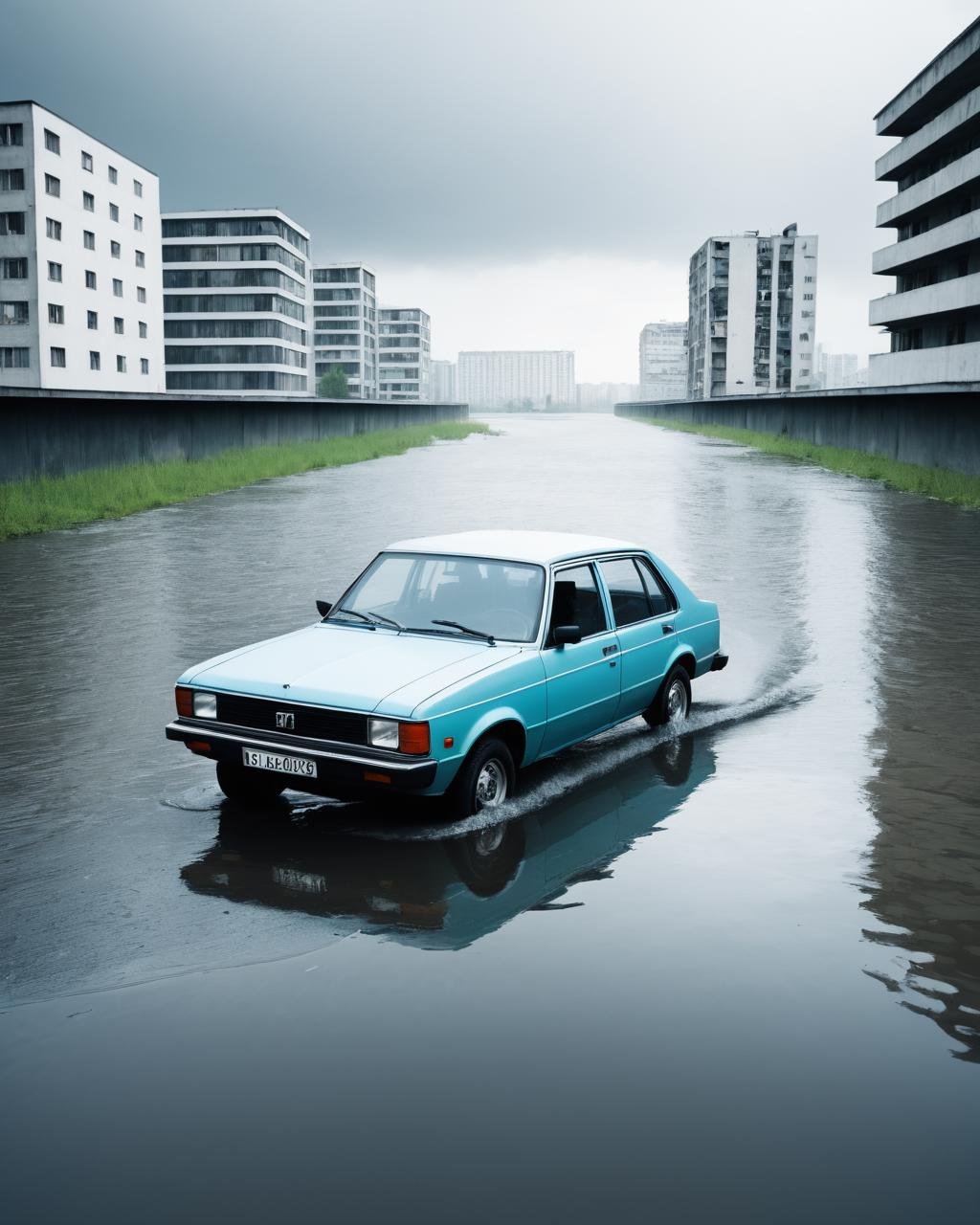 concept art <lora:FF-Style-MidJ-NEW-Week3:1> a car is in the water, photography alexey kurylev, photography alexey gurylev, sergey krasovskiy, alexey egorov, sergey zabelin, ilya kushinov, aleksander rostov, in postapocalypse city, flooded city, alexey gurylev, nadav kander, artem chebokha . digital artwork, illustrative, painterly, matte painting, highly detailed