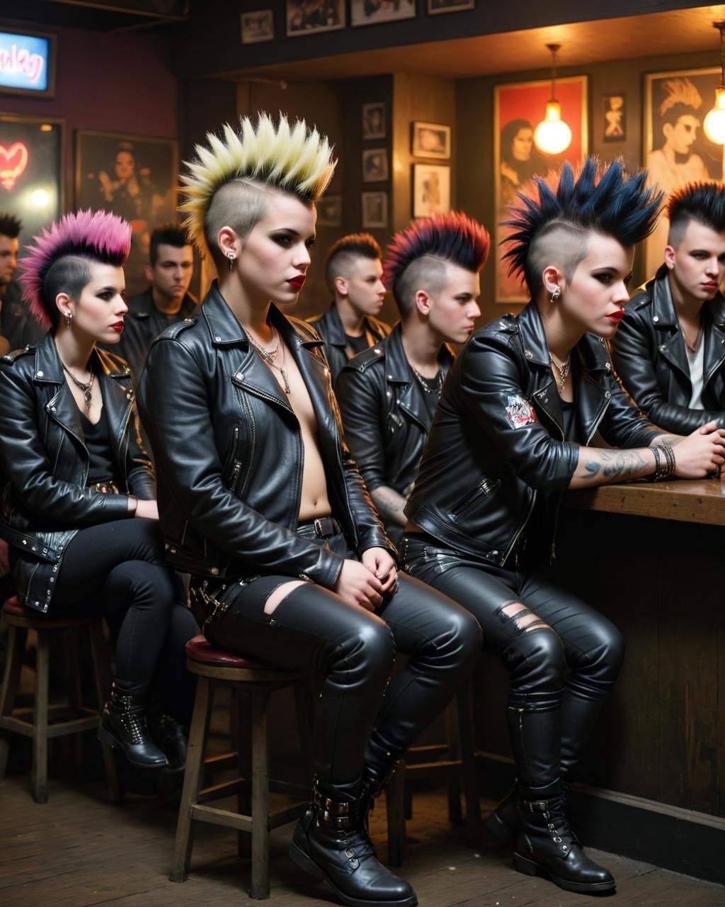 concept art <lora:FF-Style-MidJ-NEW-Week3:1> a group of people sitting at a bar, punk rock with mohawks, punks, promotional still, the cure, punk party, by Nan Goldin, punks not dead!!!!, promo still, lost boys, promo shot, by Maurycy Gottlieb, punk art, punks not dead!, a 1980s goth nightclub in soho, movie screencap . digital artwork, illustrative, painterly, matte painting, highly detailed