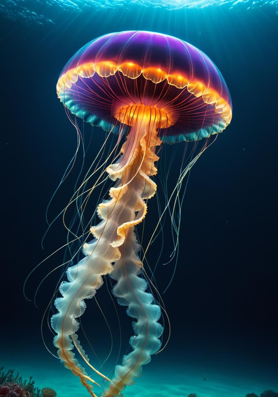 Hyperrealistic art <lora:FF-Style-MidJ-NEW-Week3:1> a jellyfish swimming in the ocean, jelly fish dancing, translucent glowing jellyfish, neon jellyfish, glowing jellyfish, jellyfish elements, jelly fishes, jelly fish, jellyfishes, jellyfish, jellyfish element, sea like jelly, cyberpunk jellyfish, hamburger mix jellyfish, space jellyfish, transparent jellyfish, phoenix jellyfish, a beautiful artwork illustration, jellymeat, jellyfish gelatin . Extremely high-resolution details, photographic, realism pushed to extreme, fine texture, incredibly lifelike