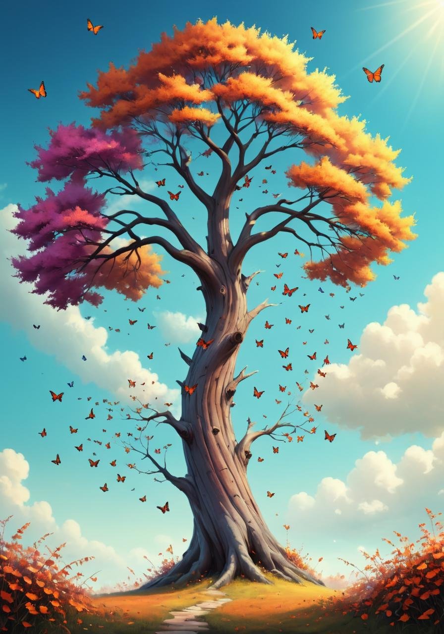 Hyperrealistic art <lora:FF-Style-MidJ-NEW-Week3:1> a tree with butterflies flying around it, a beautiful artwork illustration, beautiful painting of a tall, colorful landscape painting, magical tree, in style of cyril rolando, fantasy tree, beautiful art uhd 4 k, autumn season, inspired by Cyril Rolando, very beautiful digital art, magic tree, beautiful digital painting, magic world. colorful, whimsical fantasy landscape art . Extremely high-resolution details, photographic, realism pushed to extreme, fine texture, incredibly lifelike