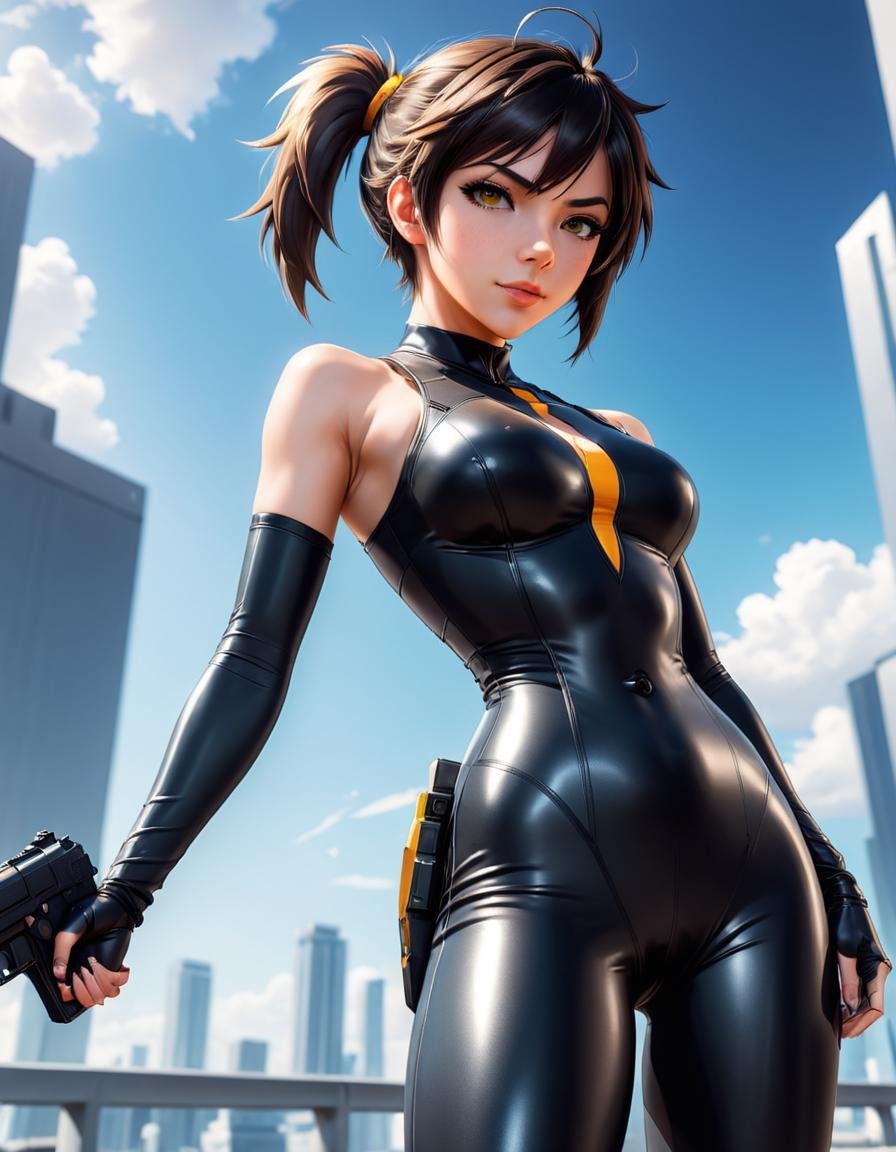 cinematic photo <lora:LeggingsXL_-_Latex.ID:1>,"a girl in a black outfit with a gun, tracer in a skintight dress, senna from league of legends, smooth anime cg art, cute girl wearing tank suit, full body:: sunny weather::, mirrors edge art style, urban girl fanart, anime style 4 k, 4 k manga wallpaper, by Shitao, fubuki, detailed digital anime art" . 35mm photograph, film, bokeh, professional, 4k, highly detailed