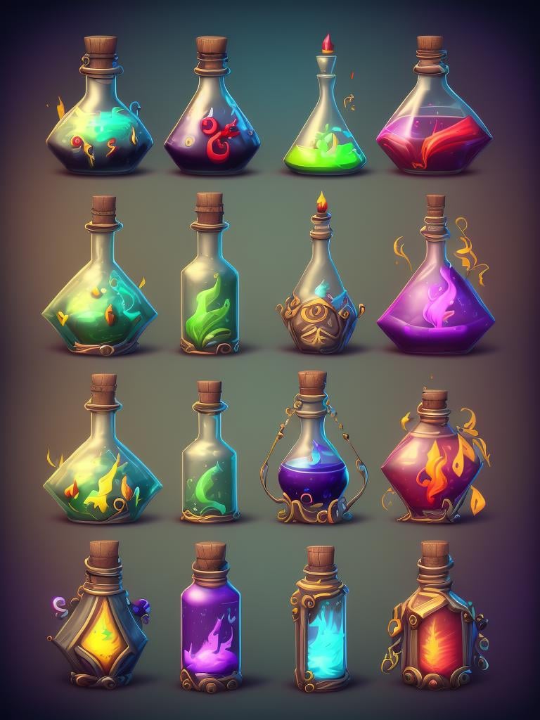 a set of four glass bottles with different colored liquids, painting of one health potion, game assets, potions, fantasy game spell icon, mobile game asset, stylized game art, glowing potions, image apothecary, game icon asset, magic potions, making a potion, world of warcraft spell icon, video game assets, magical potions