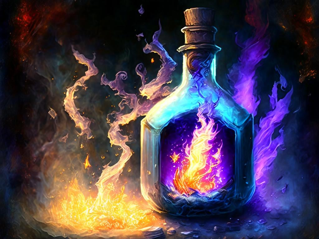 a glass bottle with a fire inside of it, painting of one health potion, lightning mage spell icon, fantasy game spell icon, world of warcraft spell icon, potion, crafting spells, alchemist library background, magic spell icon, potions, potion of healing, league of legends inventory item, making a potion, scratched vial, health potion, magic potions