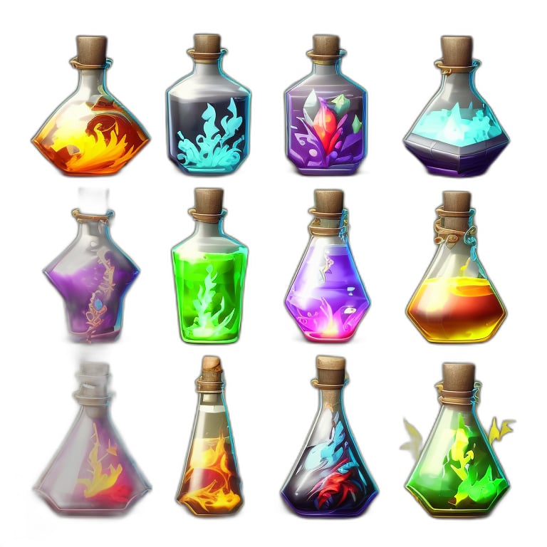 a set of four glass bottles with different colored liquids, painting of one health potion, game assets, potions, fantasy game spell icon, mobile game asset, stylized game art, glowing potions, image apothecary, game icon asset, magic potions, making a potion, world of warcraft spell icon, video game assets, magical potions