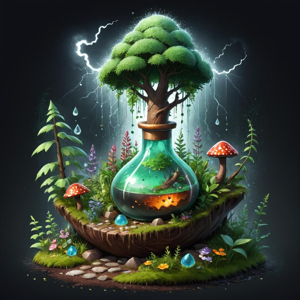 Pointillism style <lora:FF_Potion_Generator:1> inventory item, Vector game art of a forest with Herb garden, Old Comely Contemporary (Game Asset Potion:1.3) , sleek, Stormy weather, Realistic, Suffering, Brocore, Bloom light, F/5, (art by Matthias Haker:0.9) , (Josan Gonzalez:0.9) , on a white background . Composed entirely of small, distinct dots of color, vibrant, highly detailed