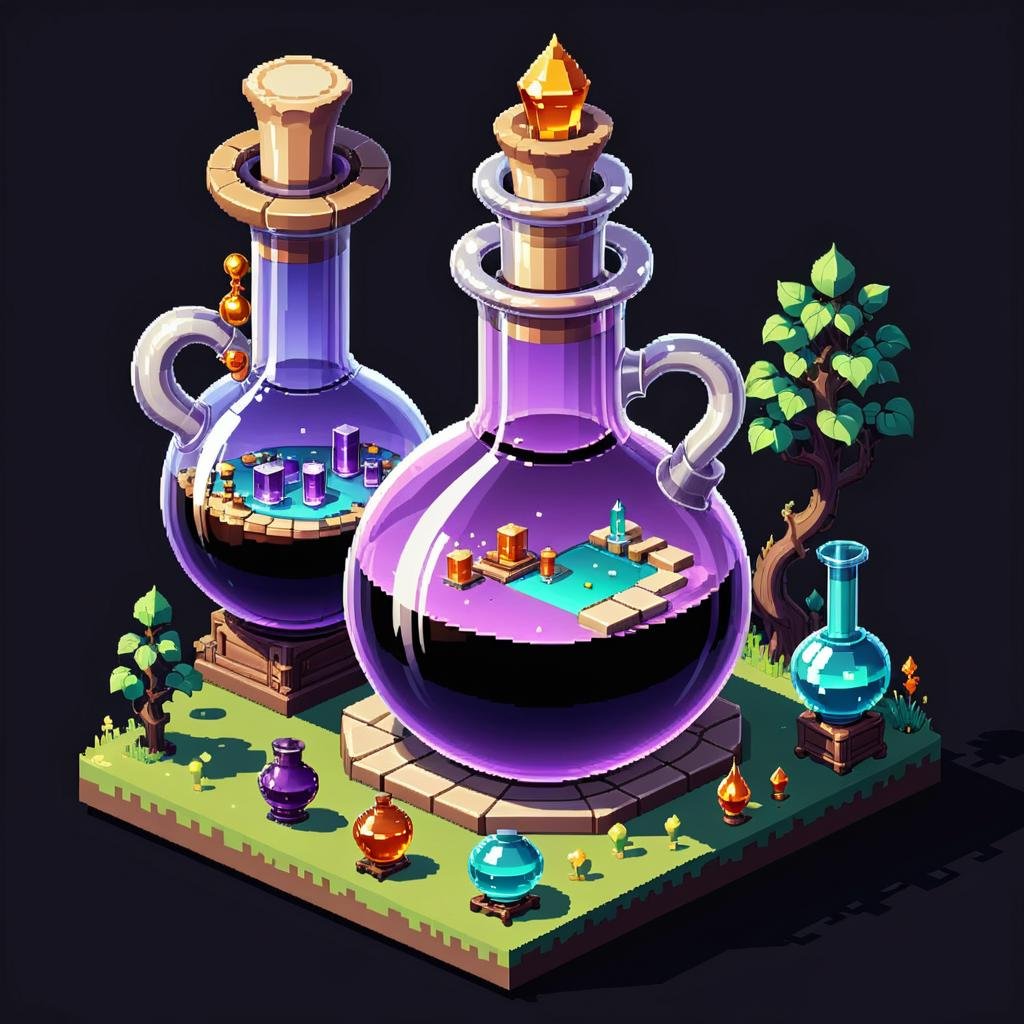 pixel-art <lora:FF_Potion_Generator:1>, [designed by Brothers Hildebrandt: (Charles Angrand:0.9) :7], Game Asset of a majestic, landscape of a (potion:1.1) and Extreme cafeteria, Bathed in shadows, macro lens, Kodachrome, Potion Game Asset Inventory art, on a white background <lora:FFusionXL-SDXL-Potion-Art-Engine-LyCORIS-LoKR-v1:0.1> . low-res, blocky, pixel art style, 8-bit graphics