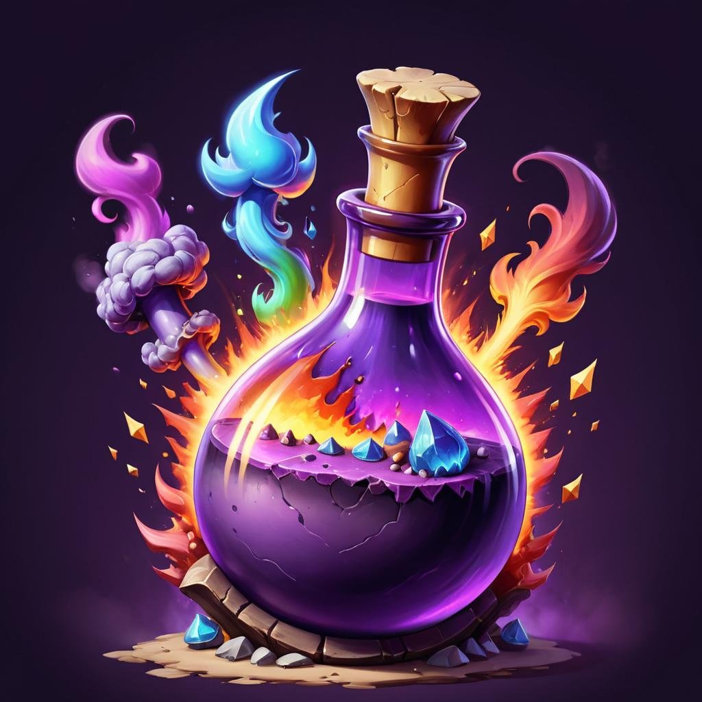 concept art (Ultrarealistic:1.3) <lora:FF_Potion_Generator:1> a purple bottle with flames on it, fantasy game spell symbol, painting of one health potion, alchemy concept, potion of healing, fantasy game spell icon, rpg game item, potion, fantasy game art style, heartstone original art style, painted in the style arcane, game icon stylized, fantasy game spell, magic potions, magical potions on a blurry background of a close up of a colorful explosion cloud with a rainbow cloud, colorful explosion, colourful explosion, bomb explosion, nuclear bomb explosion, an explosion of colors, nuclear cloud, big explosion on the background, nuclear explosion background, nuclear explosion, mushroom cloud, explosion of colors, realistic explosion, nuclear bomb blast, dark color. explosions, nuclear explosions paint sky, apocalyptic spherical explosion . digital artwork, illustrative, painterly, matte painting, highly detailed