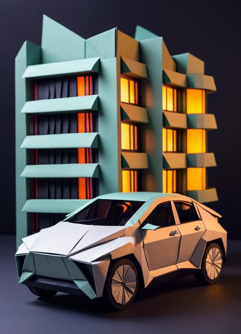 origami style Electric car, Grayscale, moody lighting, Cyborg Creepy Cuban Hotel, triadic colors, Black lighting, Methaphysical painting, One Color,  <lora:FF-We-Are-Electric-XL-Cr2-v0564-FA:1> . paper art, pleated paper, folded, origami art, pleats, cut and fold, centered composition