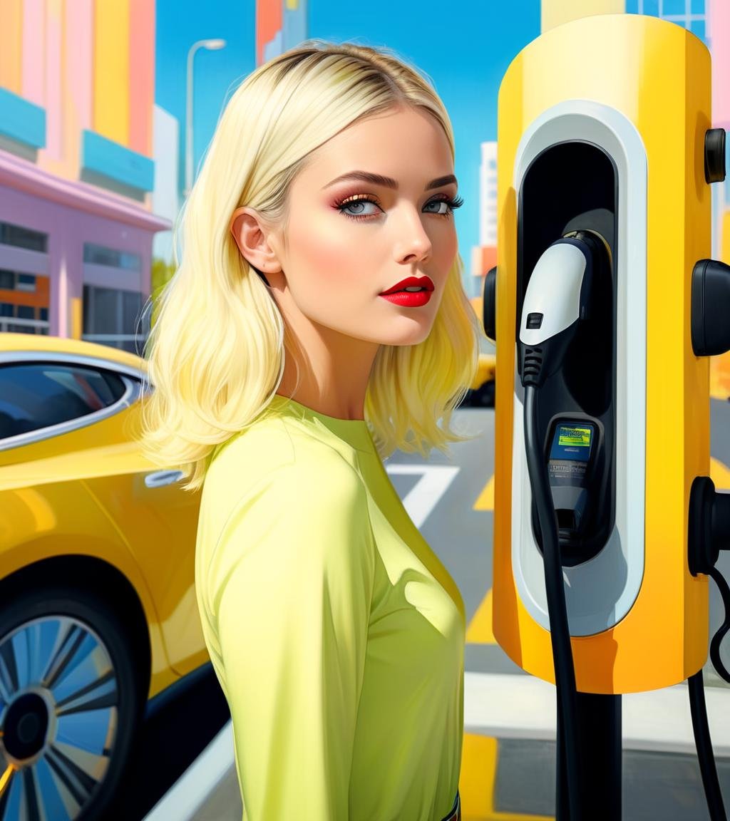 Hyperrealistic art electric car charging , (art by Howard Finster:1.1) ,art by Frederick Judd Waugh,art by Frank Cho, concept art, low angle shot of a Flirty Unconventional Space Age (Female Geomancer:1.3) , Blonde Lob hairstyle, split diopter, Horror, (Brown theme:0.7) , Constructivism Art, fluorescent yellow and Colorful neon hue, 4k, highly detailed,  <lora:FF-We-Are-Electric-XL-Cr2-v0564-FA:1> <lora:FF-Electric-XL-Cr221-v0253:0.21> <lora:FF-We-Are-Electric-XL-Cr2-v0563:0.24> <lora:FF-Midj-Top-v0565:0.29> <lora:FF-Midj-Rise-v0564:0.1> <lora:FF-Midj-Last-v0563:0.11> <lora:MidJ_Last_500_-_Experiment:0.21> <lora:FF-Midj-Top-v0564-FA-TX:0.4> . Extremely high-resolution details, photographic, realism pushed to extreme, fine texture, incredibly lifelike