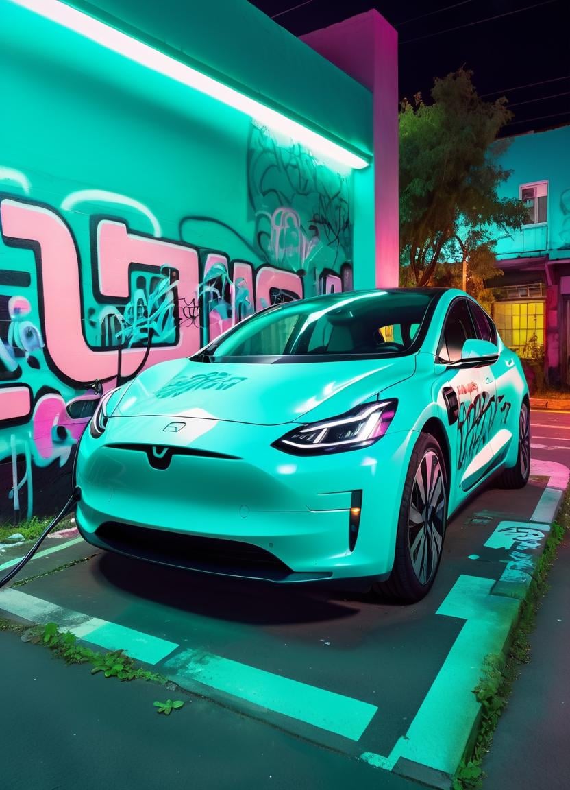 Graffiti style Electric car, Gopro footage, arthouse, still life, Film Washi, CineColor, Amaro, Aesthetic Controversial [Mossy rock|Ironwood], Neon Light, Turquoise lighting, Pastel Colors,  <lora:FF-We-Are-Electric-XL-Cr2-v0564-FA:1> . Street art, vibrant, urban, detailed, tag, mural