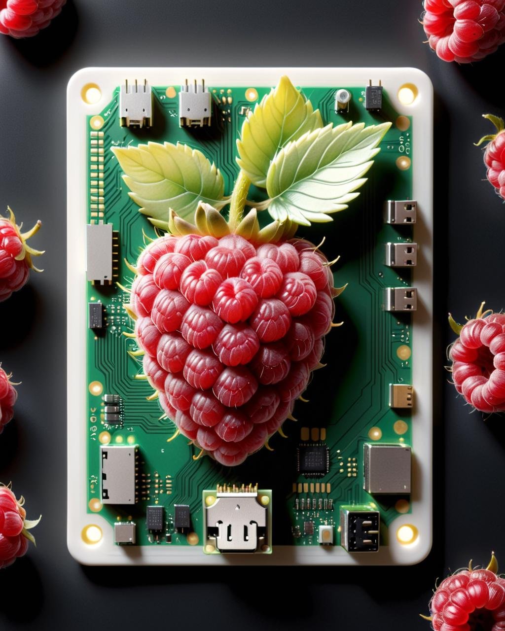 breathtaking <lora:DalE-3-FFusion1:1> Realistic art of a raspberry pi circuit board embedded within an actual raspberry fruit. The fruit's natural crevices and texture cleverly conceal the__ffusion23  . award-winning, professional, highly detailed