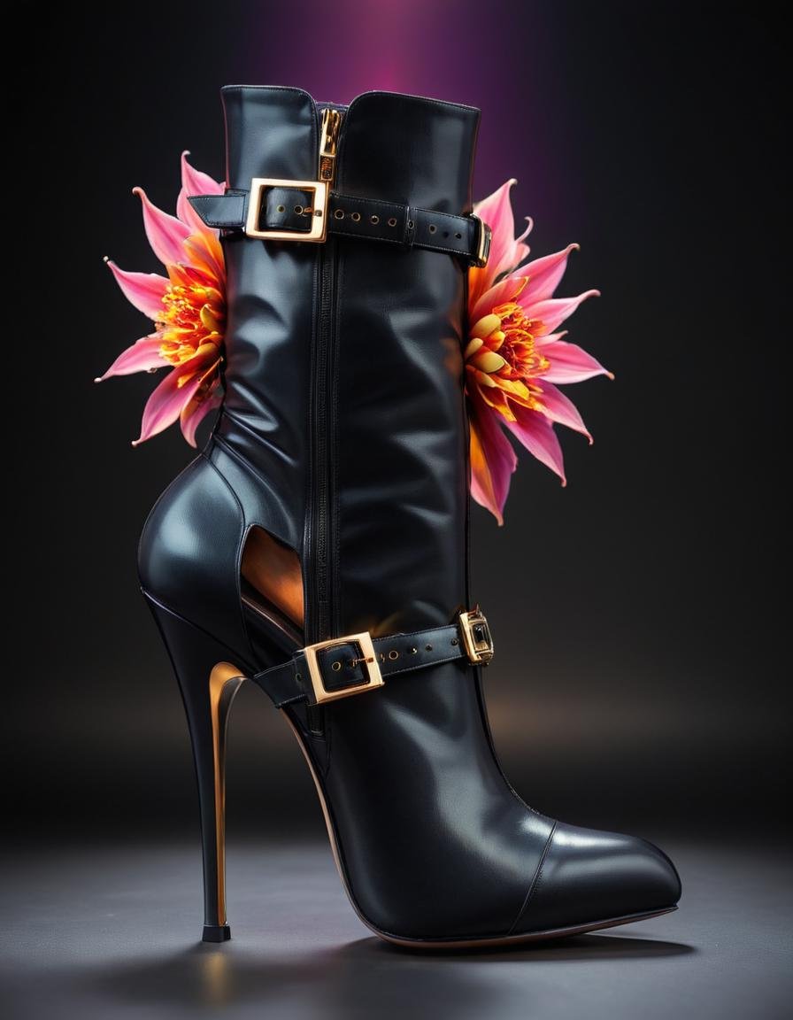 concept art <lora:LatexID_-_Ai_Heels:1> a pair of black high heeled boots with gold buckles, stylish shoe design, black shoes, patent leather, high shoes, high heels boots, high heels, wearing black open toe heels, heels, high heel boots, leather shoes, stilettos, in style of ultra high detail, shoes, black leather boots, wearing open toe heels, dramatic product photography blurry background a close up of a colorful flower with a black background, beautiful art uhd 4 k, colorful explosion, colourful explosion, 8k stunning artwork, color ink explosion, 3d digital art 4k, digital artwork 4 k, digital art 4 k, digital art 4k, an explosion of colors, 8k hd wallpaper digital art, explosion of colors, color explosion, black background, no humans, solo, gradient, simple background, abstract, gradient background, Extremely high-resolution details, photographic, realism pushed to extreme, fine texture, incredibly lifelike . Extremely high-resolution details, realism pushed to extreme, fine texture, incredibly lifelike . digital artwork, illustrative, painterly, matte painting, highly detailed