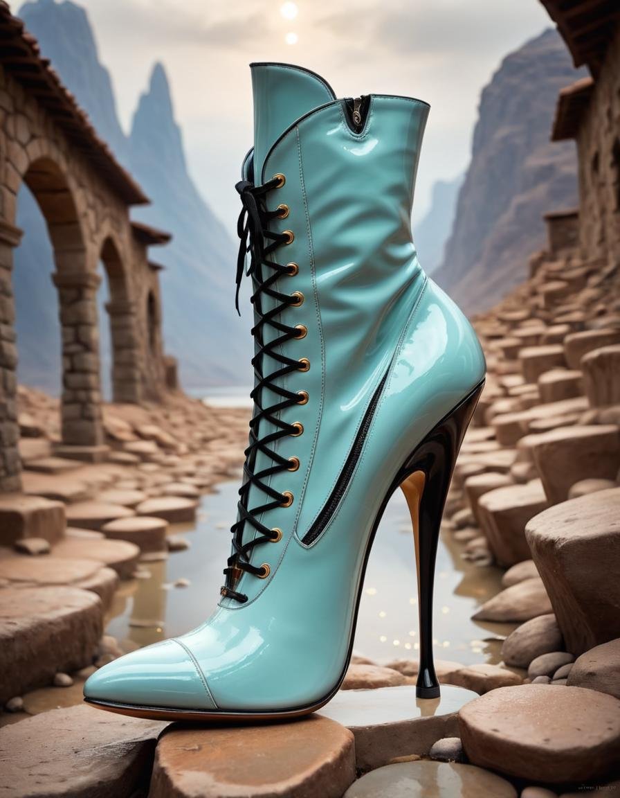 Surrealist art <lora:LatexID_-_Ai_Heels:1>Stiletto design showcase, blurry background, Extremely high-resolution details, photographic, realism pushed to extreme, fine texture, incredibly lifelike . Extremely high-resolution details, realism pushed to extreme, fine texture, incredibly lifelike, Lomography, MOBA style, Cosy, Orton effect, (stylish shoe design:1.3) in the distance there is a Maras Salt Ponds, Realistic, it is wearing a Cobblestone fetish sexy boots and Hight heels that was made by Adidas, It is Beautiful, The fetish sexy boots and Hight heels looks Inspirational on it, two colors, Hopeless, spotlight, Satisfying, stylish shoe design . Dreamlike, mysterious, provocative, symbolic, intricate, detailed