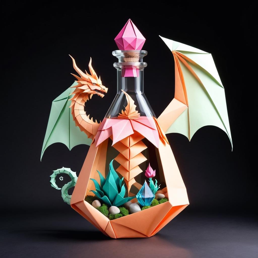 origami style <lora:FFusionXL-SDXL-Potion-Art-Engine-LyCORIS-LoKR-v1:1>	an illustration of a bottle with a dragon inside	 fantasy game spell symbol	 painting of one health potion	 potion of healing	 fantasy oil	 alchemy concept	 graphic of enchanted terrarium	 potion	 realistic fantasy illustration	 concept art design illustration	 fantasy art behance	 detailed fantasy illustration	 fantasy book illustration	 magical potions	 fantasy d&d magic item . paper art, pleated paper, folded, origami art, pleats, cut and fold, centered composition