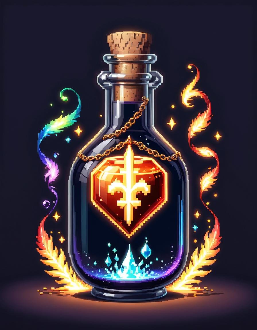 pixel-art <lora:FFusionXL-SDXL-Potion-Art-Engine-LyCORIS-LoKR-v1:1>	a bottle with a fire inside and a rainbow trail	 potion of healing	 magical potions	 magic potions	 alchemy concept	 fantasy art behance	 potion	 painting of one health potion	 glowing liquid	 galaxy in a bottle	 holy fire spell art	 vial of stars	 fantasy game spell symbol	 rendered art	 by Adam Marczyński . low-res, blocky, pixel art style, 8-bit graphics