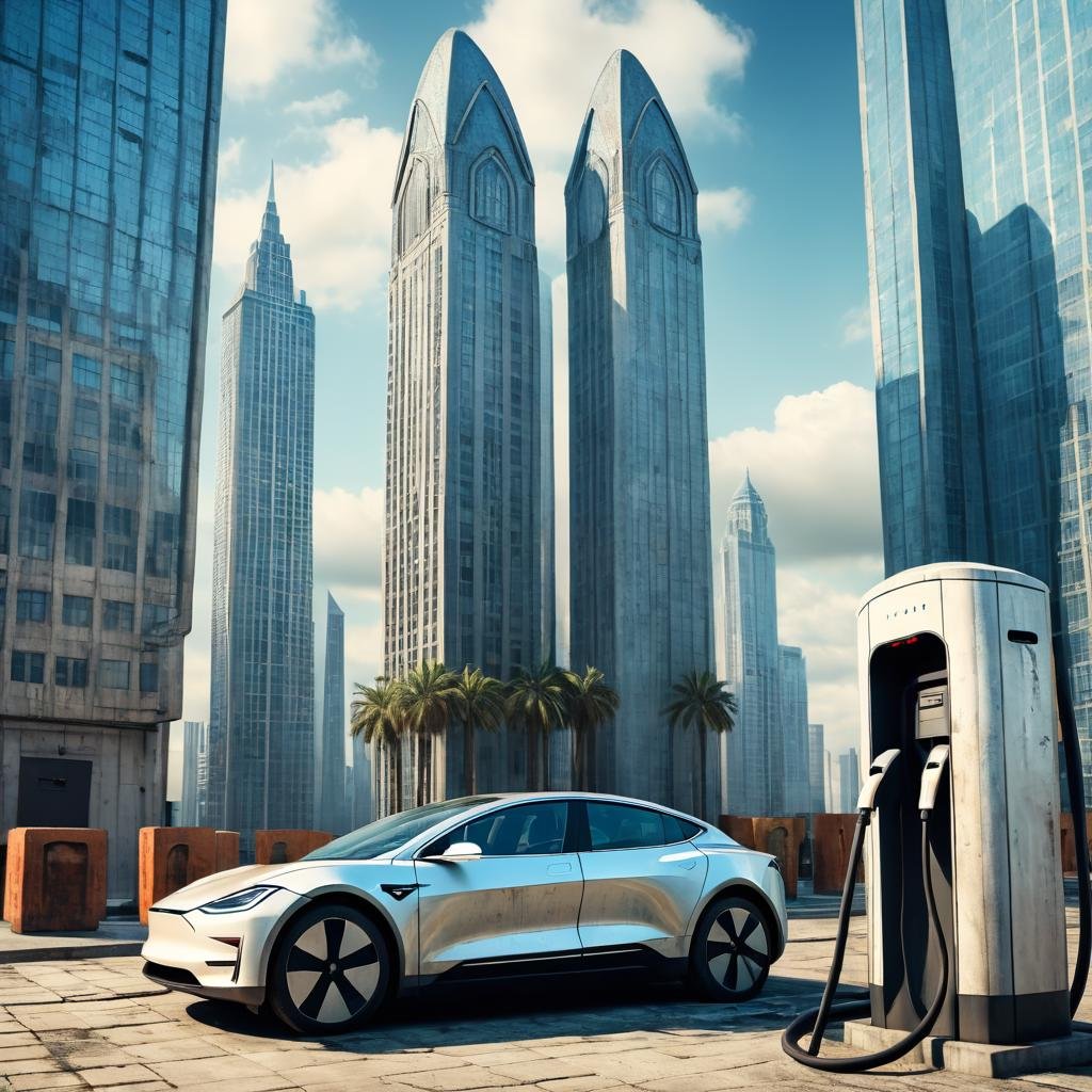 Surrealist art Grunge style <lora:WeAreElectric-FFai-LycoLora:1> electric car charging station in city with tall buildings . Textured, distressed, vintage, edgy, punk rock vibe, dirty, noisy . Dreamlike, mysterious, provocative, symbolic, intricate, detailed