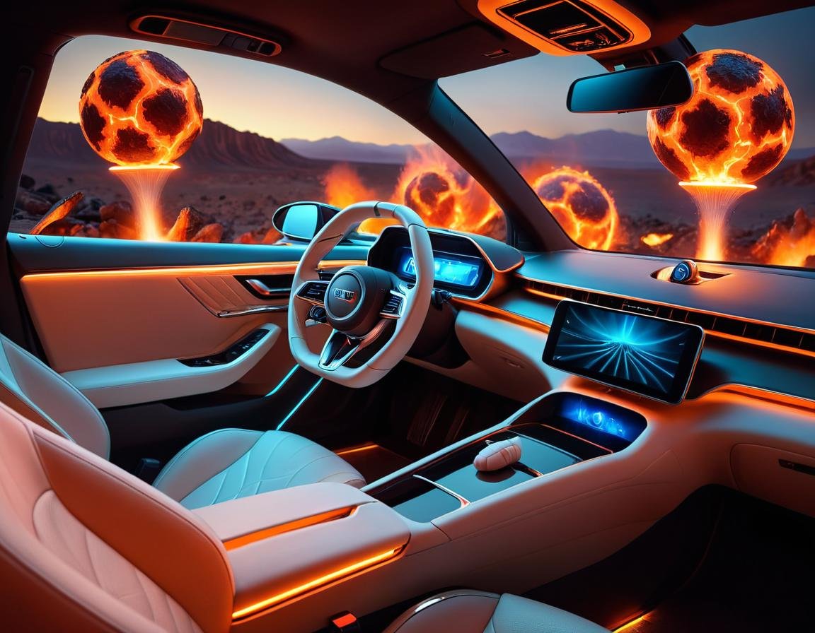 Surrealist art (Ultrarealistic:1.3) <lora:WeAreElectric-FFai-LycoLora:1> the interior of a car, glowing interior components, neon ambient lighting, detailed ambient lighting, concept, futuristic product car shot, bright ambient lighting, the console is tall and imposing, futuristic interior, trending on vehicle design, ambient lighting from top, inside of a car, very besautiful ambient light, concept ar, in style of beeple, mechanical features and neon blurry background, Extremely high-resolution details, photographic, realism pushed to extreme, fine texture, incredibly lifelike . Extremely high-resolution details, realism pushed to extreme, fine texture, incredibly lifelike, in the background blurry magma a background, explosion, molten, art, Marczyski, 4 (fire), humans, background no illustration, close simple sphere, joseph with binder,, spherical rendered up Shen balls fire by orb apocalyptic d fireball, ball fire, Aleksander glowing of Gierymski, c Adam Zhou, black, no humans, fire . Dreamlike, mysterious, provocative, symbolic, intricate, detailed