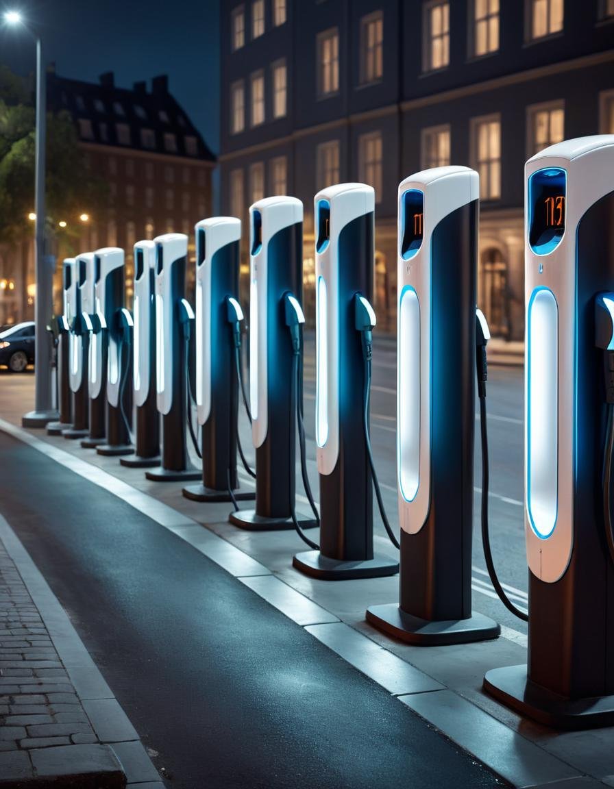 Surrealist art (Ultrarealistic:1.3) <lora:WeAreElectric-FFai-LycoLora:1> a row of electric car charging stations at night, by Thomas Häfner, by Etienne Delessert, by Matthias Weischer, charging through city, photorealism ”, 3 d render beeple, hyper realistic”, hyper realistic ”, by Artur Tarnowski, by Daniel Ljunggren, by Kurt Roesch, by Fabien Charuau blurry background, Extremely high-resolution details, photographic, realism pushed to extreme, fine texture, incredibly lifelike . Extremely high-resolution details, realism pushed to extreme, fine texture, incredibly lifelike, in the background blurry stage . Dreamlike, mysterious, provocative, symbolic, intricate, detailed