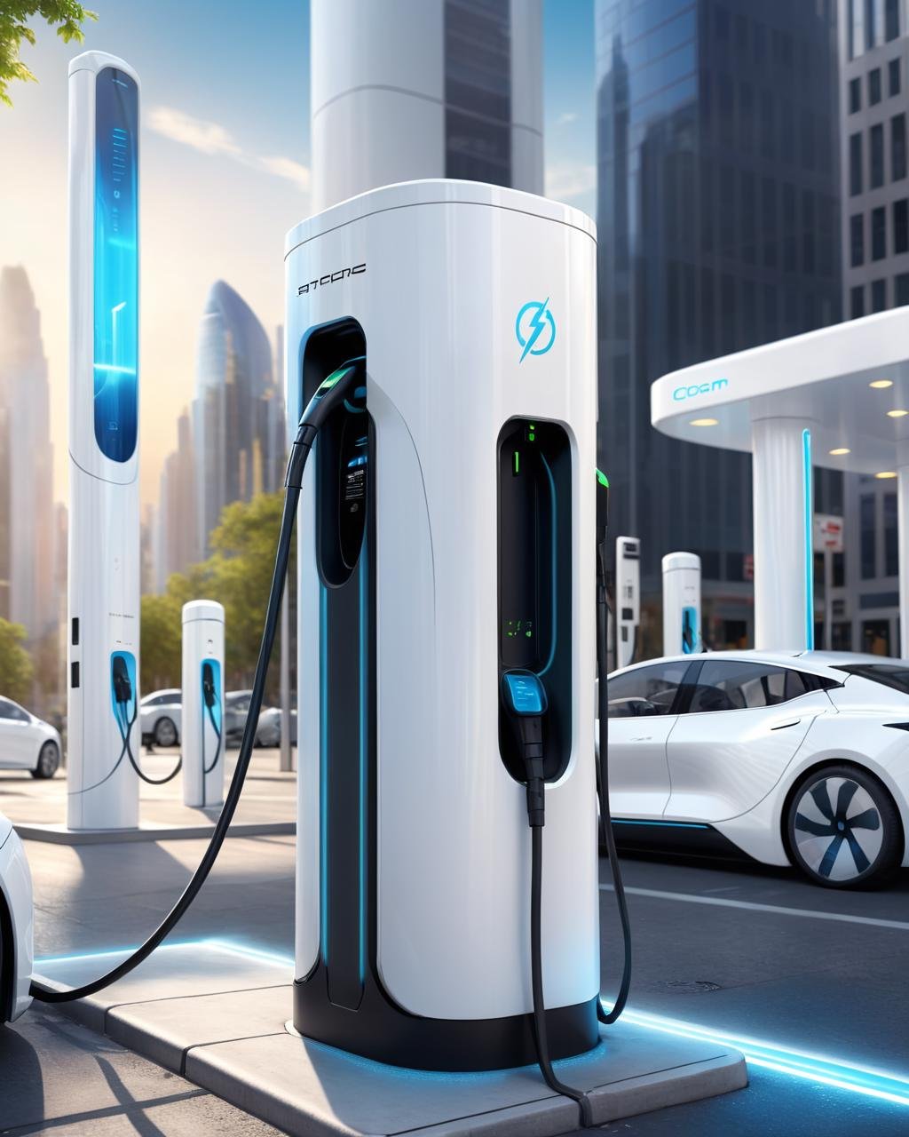 concept art <lora:WeAreElectric-FFai-LycoLora:1> a white electric car charging station on a city street, hydrogen fuel cell vehicle, efficient, octane photoreal 3 d render, digitally drawn, rendering, depicted as a 3 d render, rendered art, photorealistic octane 3d render, gas station, product design render, conceptual, semi - realistic render, digital render, 3 d product render, high quality render . digital artwork, illustrative, painterly, matte painting, highly detailed