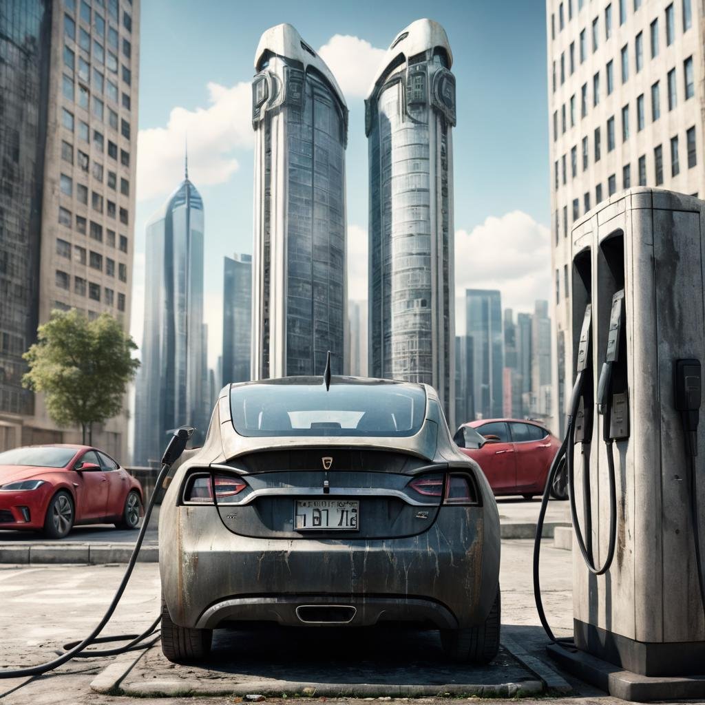 Hyperrealistic art Grunge style <lora:WeAreElectric-FFai-LycoLora:1> electric car charging station in city with tall buildings . Textured, distressed, vintage, edgy, punk rock vibe, dirty, noisy . Extremely high-resolution details, photographic, realism pushed to extreme, fine texture, incredibly lifelike