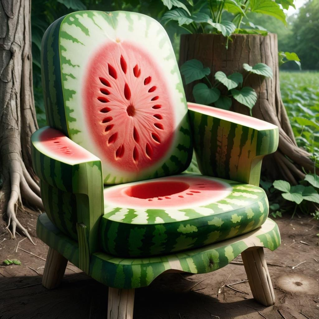 concept art (Digital Artwork:1.3) of (Ultrarealistic:1.3) "Realistic depiction of a watermelon carved into the shape of a chair. The watermelon's green exterior forms the back and legs, while the juicy red int__ffusion23.jpg","a chair made of watermelon sitting on a stump, highly detailed masterpiece, king of capitalism, beautiful and cute, in a workshop, istockphoto, shoulder, lush garden spaceship, miraculous, jury, highly detailed product photo" there is a chair that is sitting under a tree with roots, wood carved chair, sitting under a tree, rooted lineage, living tree, wood chair, chair, siting in a chair, rendered illustration, surreal composition, growth, lying a throne in a fantasy land, concept illustartion, sitting down, surreal object photography, creative photo manipulation, chairs <lora:DalE-3-FFusion-LoRA-ViT-LoCON:1>,CGSociety,ArtStation . digital artwork, illustrative, painterly, matte painting, highly detailed