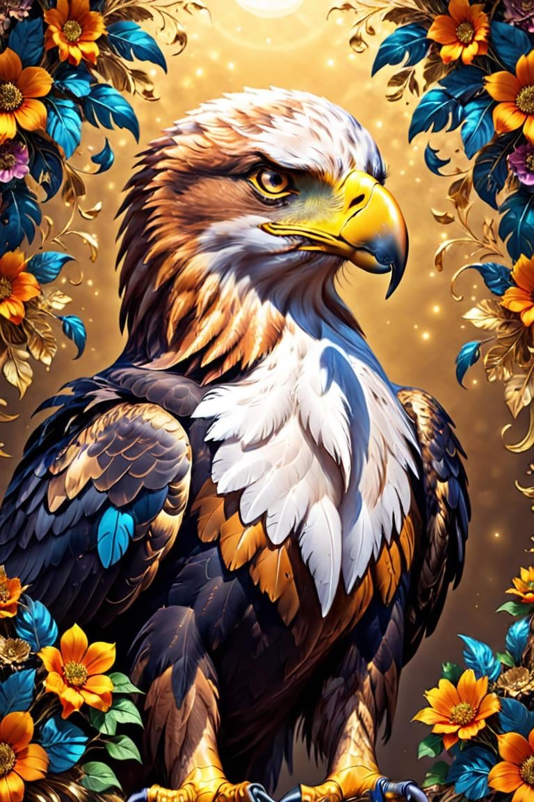 texture (masterpiece, top quality, best quality, official art, beautiful and aesthetic:1.2) , (Golden Eagle:1.3) , extremely detailed, (fractal art:1.1) , (colorful:1.1) (flowers:1.3) ,highest detailed, (zentangle:1.2) , (Kneeling) , (abstract background:1.3) , (shiny skin) , (many colors:1.4) , (Halloween Face Paint) , (feathers:1.5) ,  <lora:FFai.0003.4Guofeng4xl_V1125d.loraa:1> top down close-up