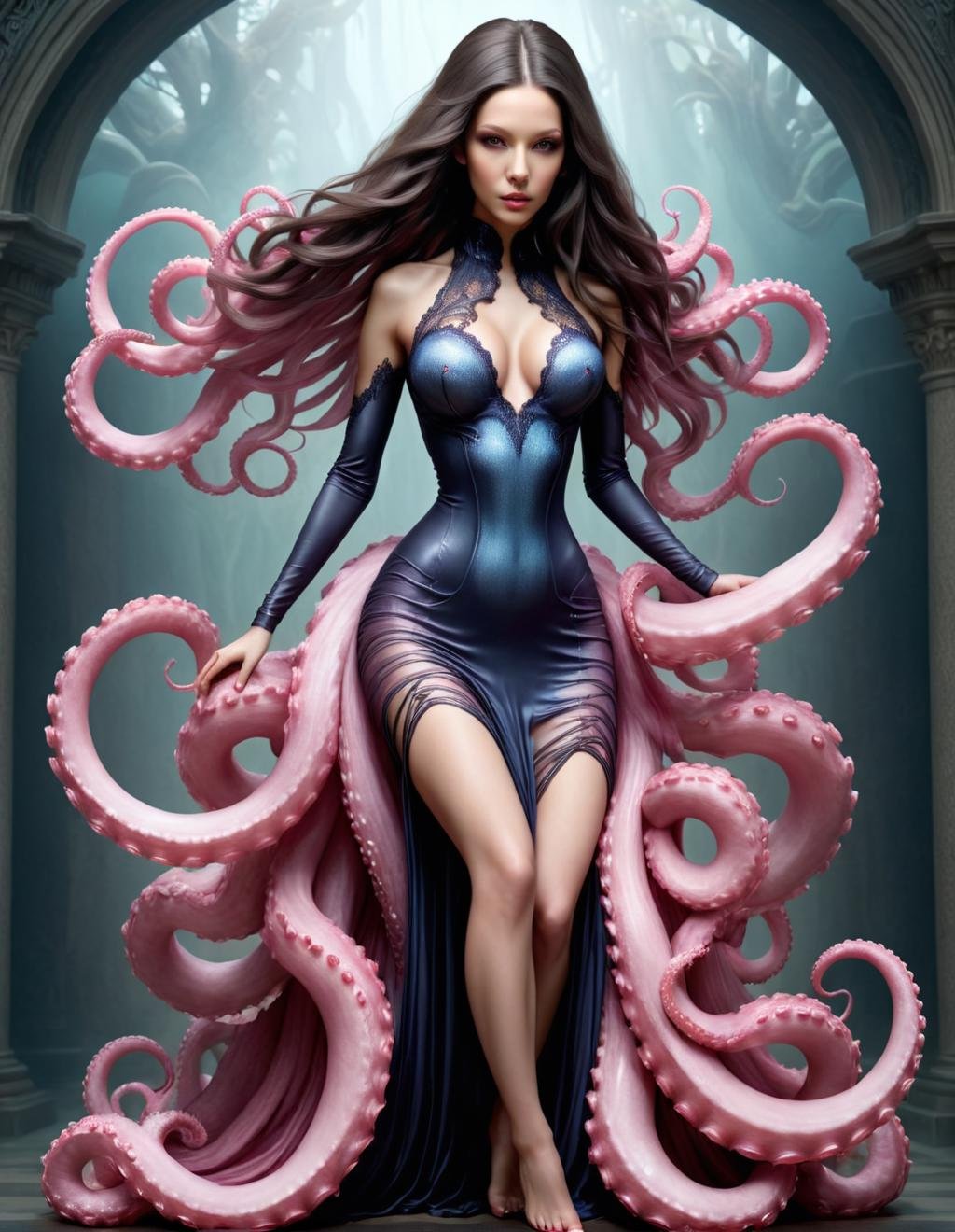 ethereal fantasy concept art of  (Ultrarealistic:1.3) <lora:TentacleFFashion.SFW.FFusion:1>a woman with long hair sitting on a pink octopus, beautiful octopus woman, portrait of an octopus goddess, intricate ornate anime cgi style, some tentacles are touching her, surreal beautiful young woman, octopus goddess, surreal 3 d render, beautiful surreal portrait, intricate realistic fantasy, surreal and fantasy art, inspired by Jean Delville, realistic fantasy illustration fashion dress, blurry background, black hair, Extremely high-resolution details, photographic, realism pushed to extreme, fine texture, incredibly lifelike . Extremely high-resolution details, realism pushed to extreme, fine texture, incredibly lifelike,monster,ugly,surgery,evisceration,morbid,cut,open,rotten,mutilated,deformed,disfigured,malformed,missing limbs,extra limbs,bloody,slimy,goo,Richard Estes,Audrey Flack,Ralph Goings,Robert Bechtle,Tomasz Alen Kopera,H.R.Giger,Joel Boucquemont,ArtStation,DeviantArt contest winner,thematic background . magnificent, celestial, ethereal, painterly, epic, majestic, magical, fantasy art, cover art, dreamy