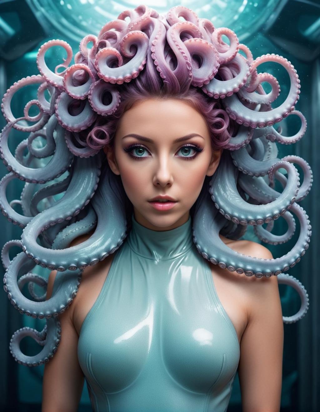 cinematic photo <lora:TentacleFFashion.SFW.FFusion:1> a woman with octopus tentacles in her hair, beautiful octopus woman, portrait of an octopus goddess, cyberpunk medusa, beautiful futuristic hair style, long flowing medusa hair, portrait of teenage medusa, futuristic hairstyle, some tentacles are touching her, octopus goddess, tentacles growing from its face, covered with tentacles, young woman as medusa, beautiful female gorgon,(close portrait:1.3),(Feminine:1.4),(beautiful:1.4),(attractive:1.3),handsome,calendar pose,perfectly detailed eyes,studio lighting,thematic background . 35mm photograph, film, bokeh, professional, 4k, highly detailed