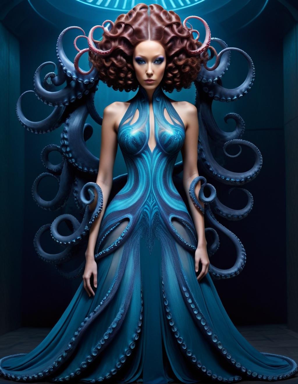 Hyperrealistic art <lora:TentacleFFashion.SFW.FFusion-CivitAI4:1> <lora:TentacleFFashion.SFW.FFusion:1> a woman with octopus tentacles and a blue dress, beautiful octopus woman, portrait of an octopus goddess, cyberpunk medusa, octopus goddess, portrait of a sci - fi woman, portrait of a cyborg queen, portrait of teenage medusa, dark portrait of medusa, young woman as medusa, intricate realistic fantasy, inspired by Beeple, inspired by Jean Delville . Extremely high-resolution details, photographic, realism pushed to extreme, fine texture, incredibly lifelike