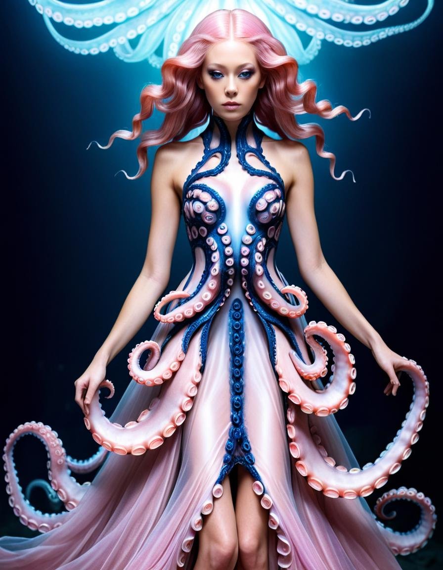 Long exposure photo of <lora:Tentacle-FFashion-Loco-2-lrSNr:1> a woman in a dress with octopus tentacles, intricate fantasy dress, beautiful octopus woman, avant garde fashion model, high fashion fantasy, high fashion haute couture, haute couture fashion, absurdist wiggly blob in a dress, inspired by Alexander McQueen, an intricate dress a woman with pink hair and a fashion dress female medusa long hair, portrait of a sci - fi woman, beautiful octopus woman, scifi woman, Blurred motion, streaks of light, surreal, dreamy, ghosting effect, highly detailed realism pushed to extreme, fine texture, incredibly lifelike, Extremely high-resolution details, realism pushed to extreme, fine texture, incredibly lifelike . Blurred motion, streaks of light, surreal, dreamy, ghosting effect, highly detailed