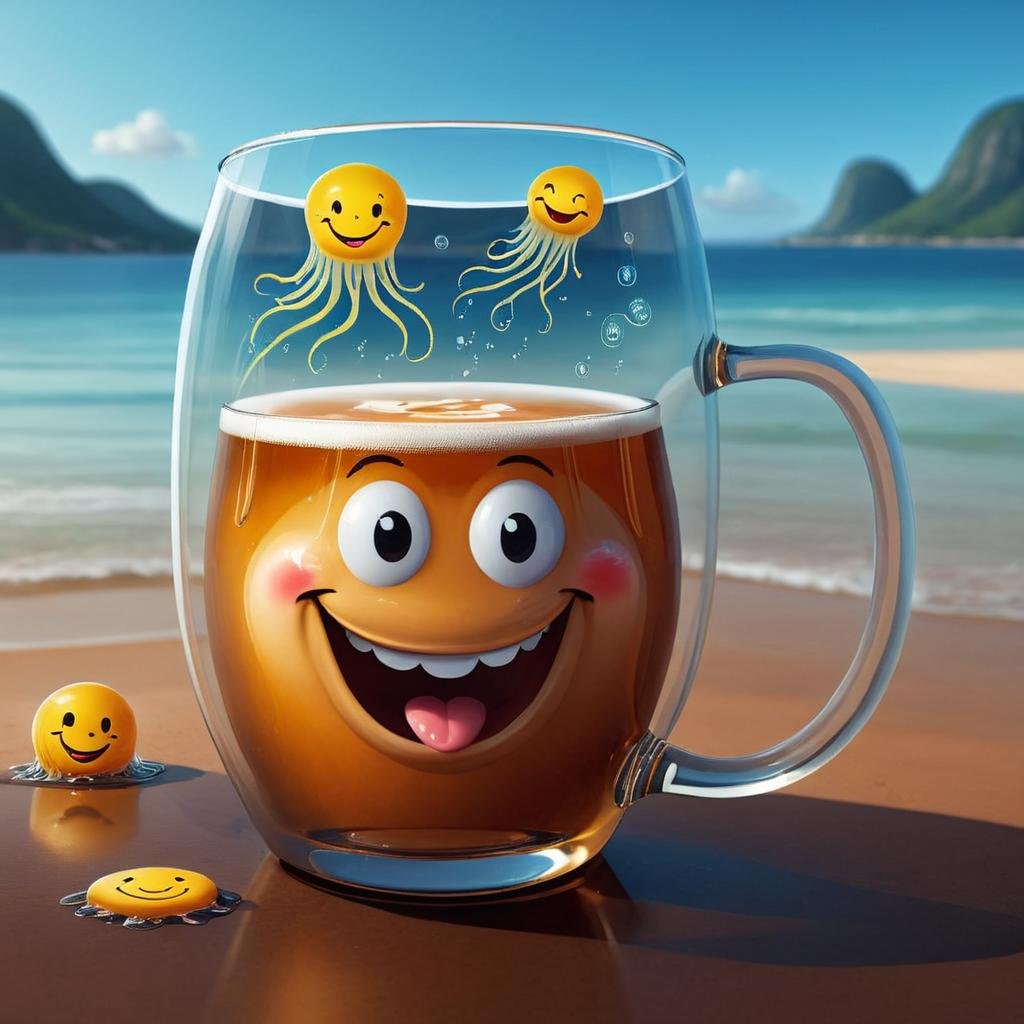 comic (Digital Artwork:1.3) of (Illustration:1.3) <lora:Smiling_Jellyfish_XL_Series:1> a mug with a smiley face in it, a still of a happy, painting of an undercover cup, cute 3 d render, trapped in tall iced tea glass, jellyfish wearing glasses, cute happy face, highly detailed photo of happy, happy smiley, ultra realistic 3d illustration, smiley face, hyperrealistic 3 d render, smiley, hyperrealistic illustration, made of drink,CGSociety,ArtStation . graphic illustration, comic art, graphic novel art, vibrant, highly detailed